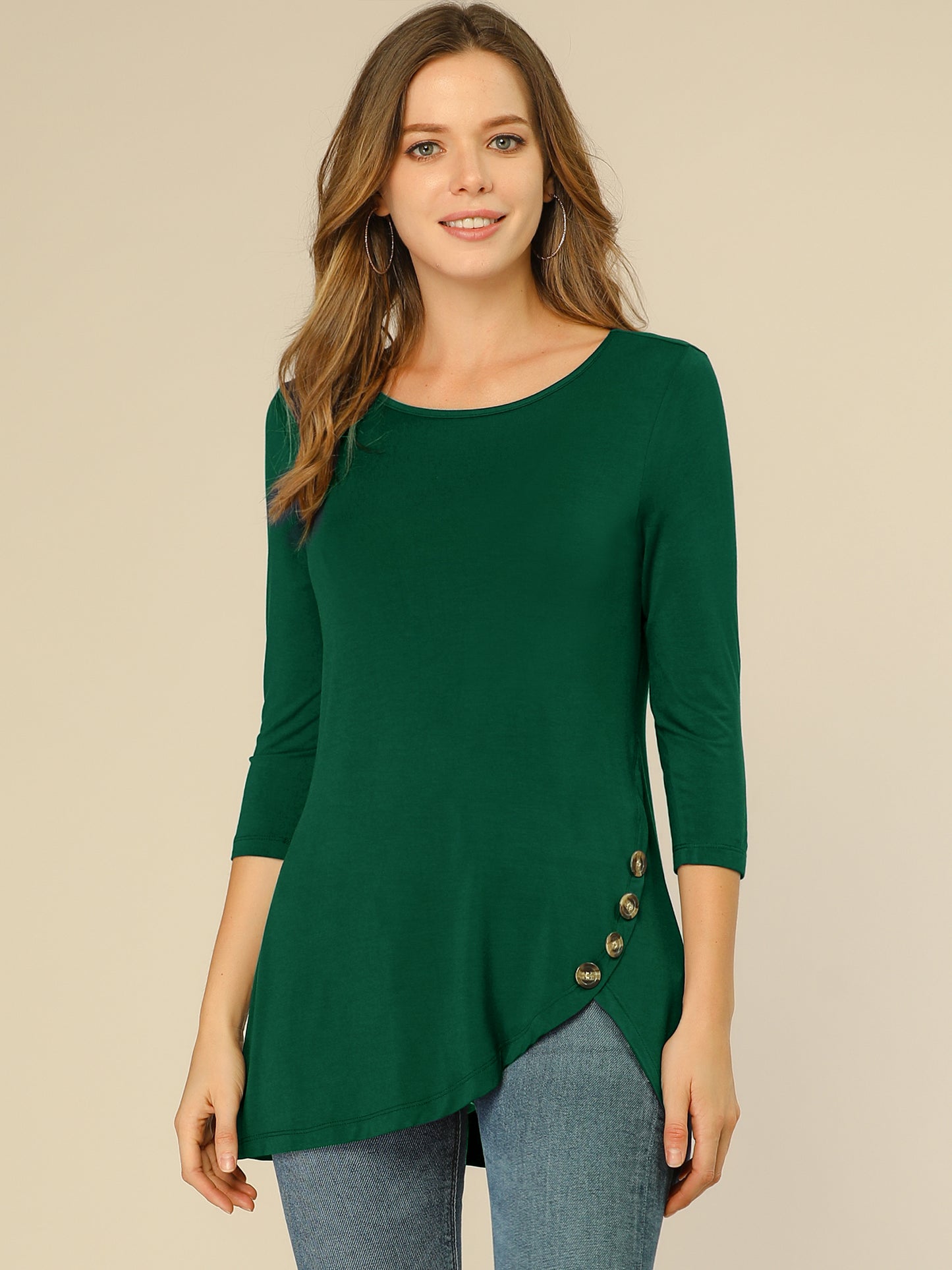Women's Tunic T-shirt Loose Asymmetry Hem 3/4 Sleeve Round Neck Casual Basic Top (Available in Plus Size)
