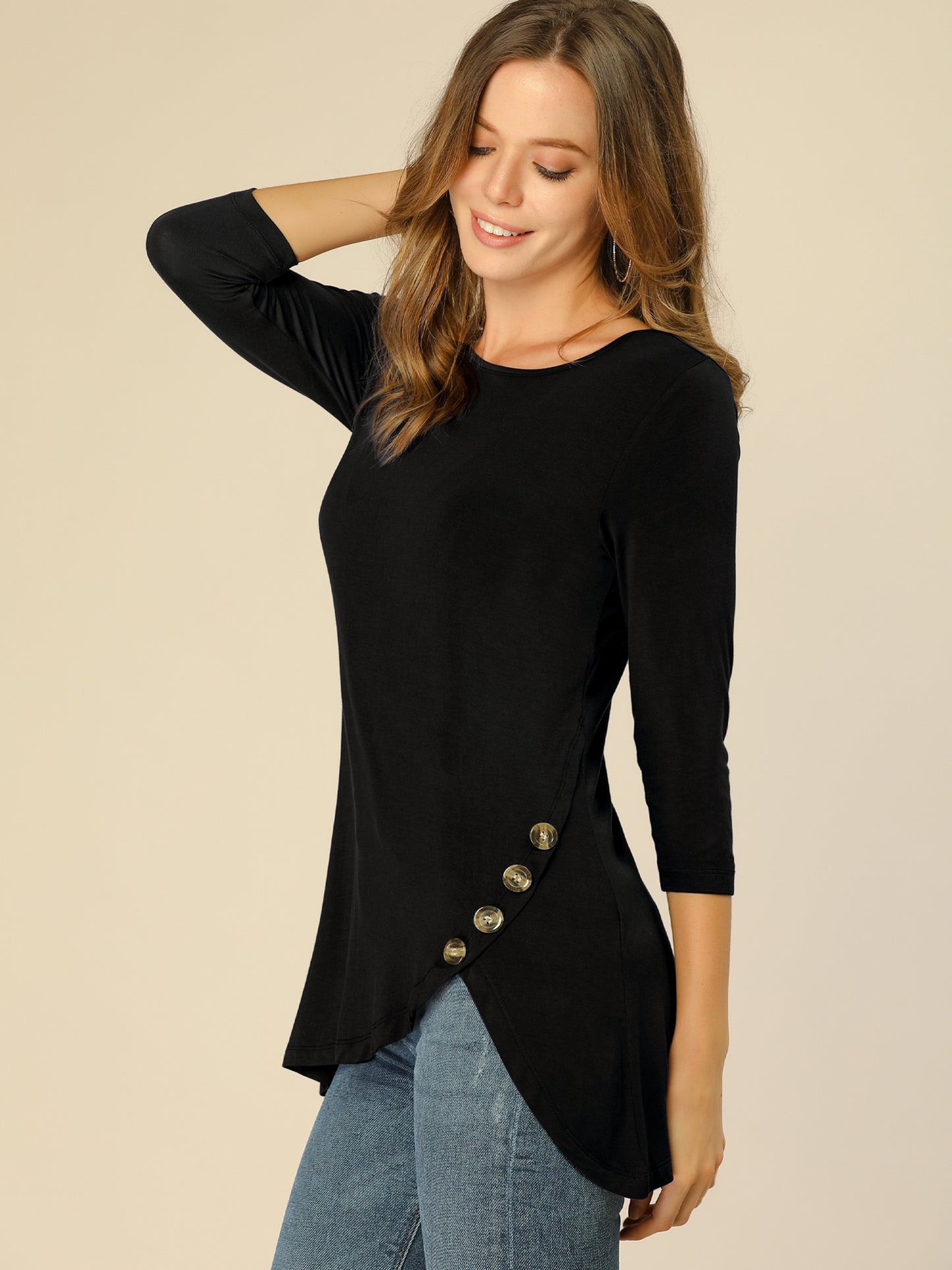 Women's Tunic T-shirt Loose Asymmetry Hem 3/4 Sleeve Round Neck Casual Basic Top (Available in Plus Size)
