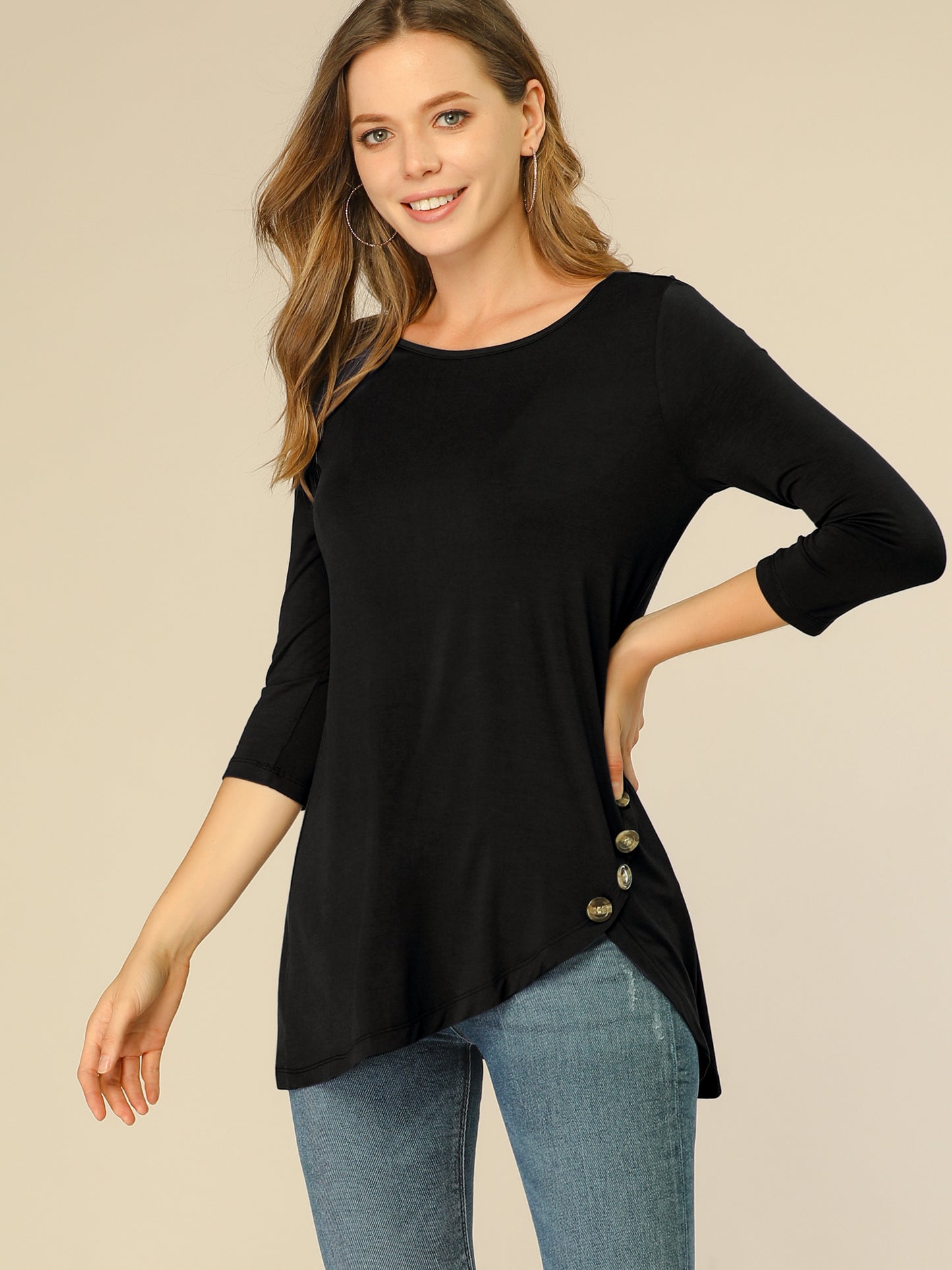 Women's Tunic T-shirt Loose Asymmetry Hem 3/4 Sleeve Round Neck Casual Basic Top (Available in Plus Size)
