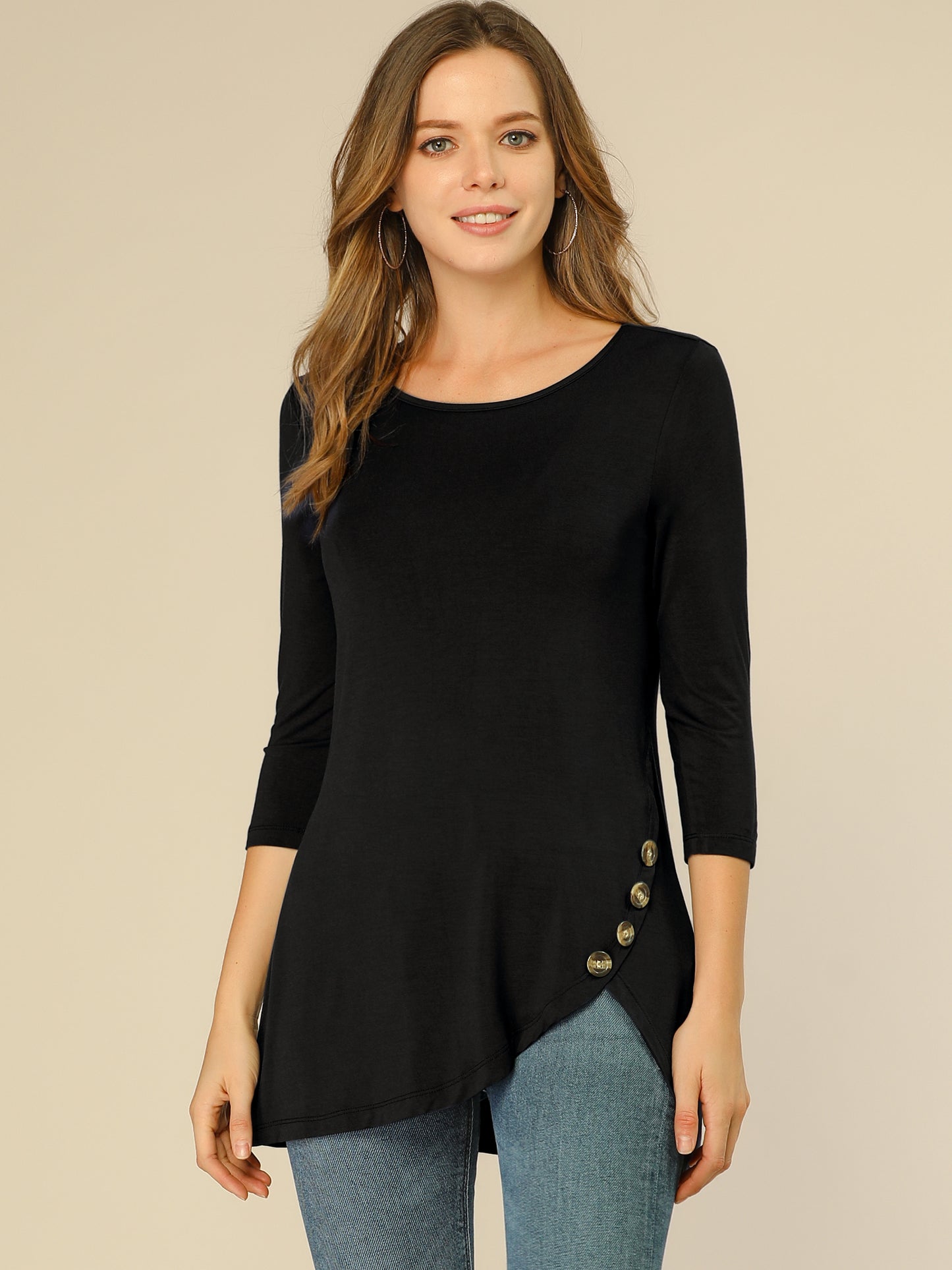 Women's Tunic T-shirt Loose Asymmetry Hem 3/4 Sleeve Round Neck Casual Basic Top (Available in Plus Size)