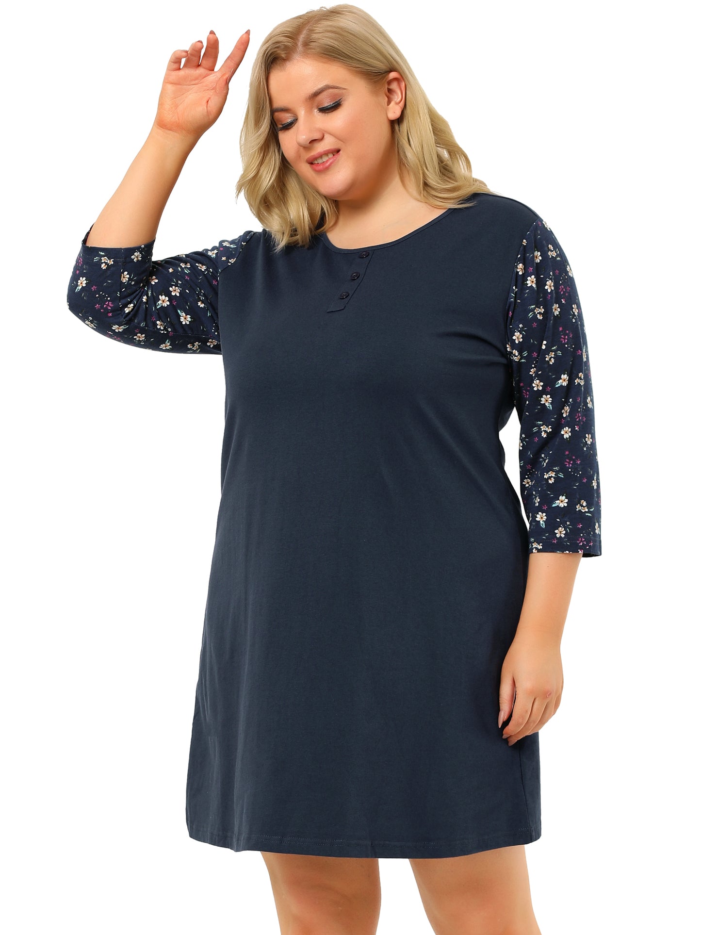 Camisón de talla grande para mujer, estampado floral, manga 3/4, para dormir