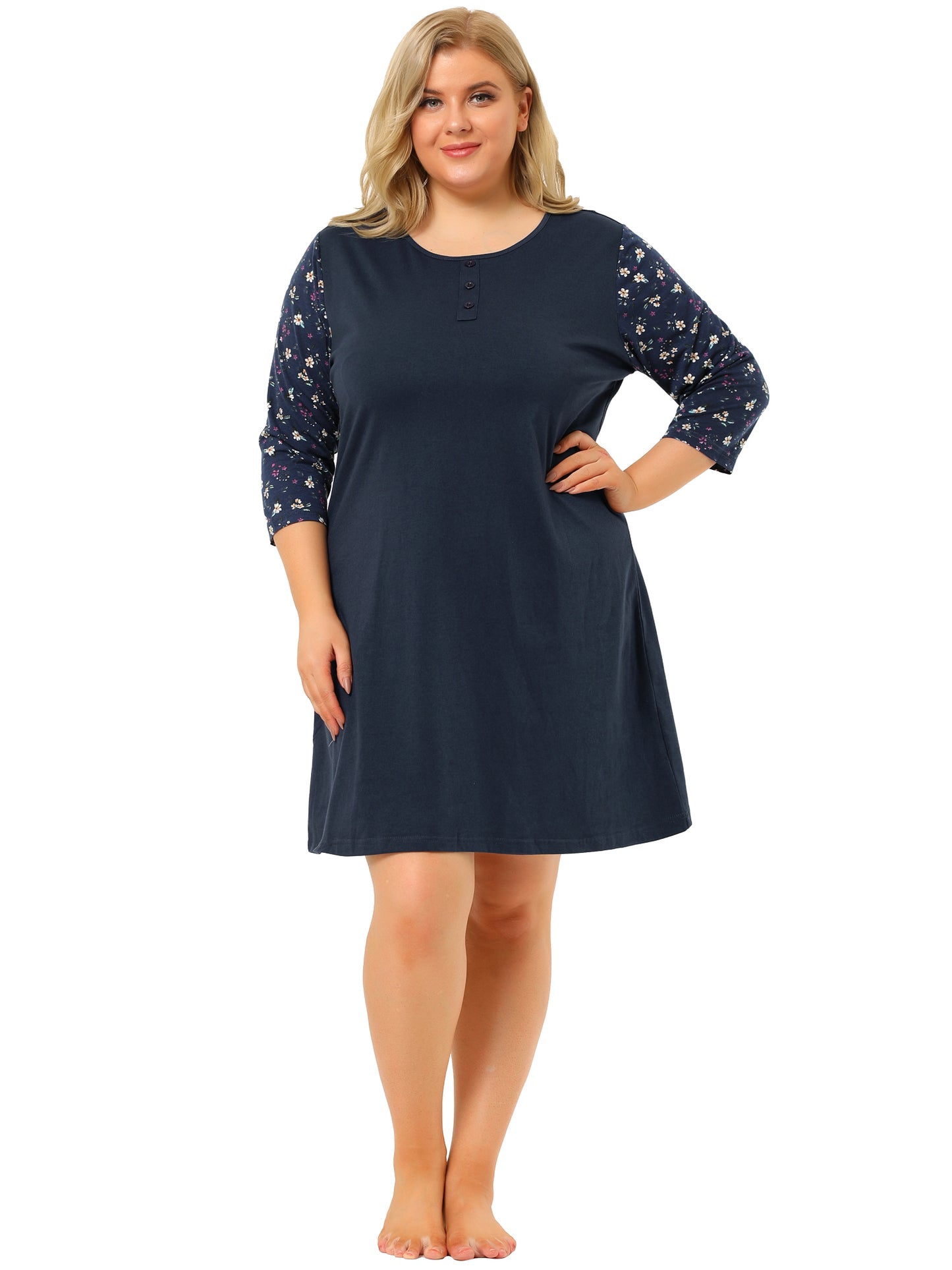 Camisón de talla grande para mujer, estampado floral, manga 3/4, para dormir