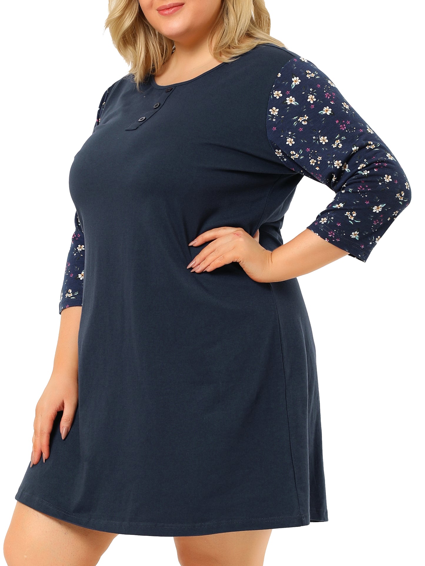 Camisón de talla grande para mujer, estampado floral, manga 3/4, para dormir