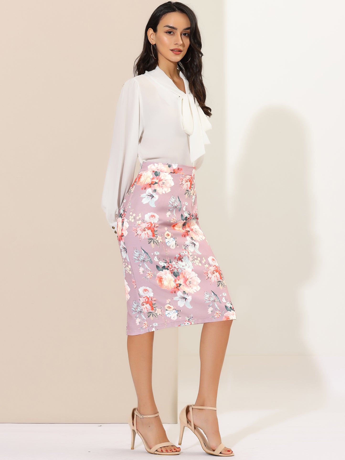 Women's Floral Elastic Waistband Bodycon Pencil Skirt with Back Slit