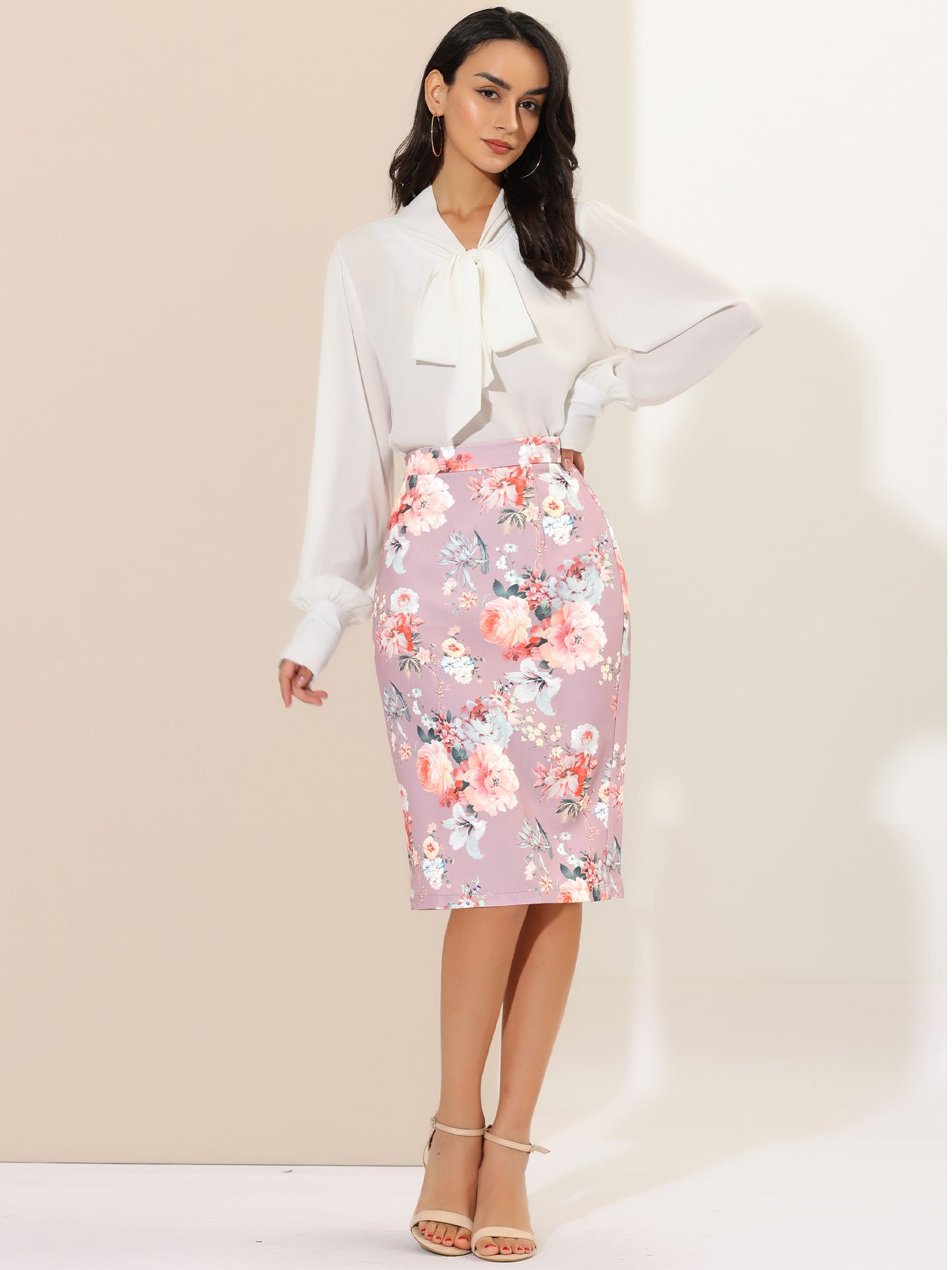 Women's Floral Elastic Waistband Bodycon Pencil Skirt with Back Slit