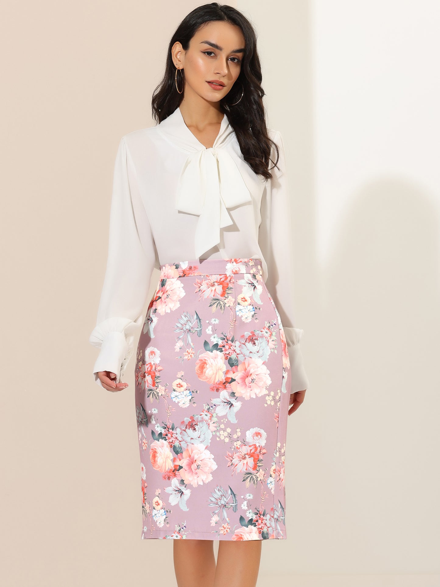 Women's Floral Elastic Waistband Bodycon Pencil Skirt with Back Slit