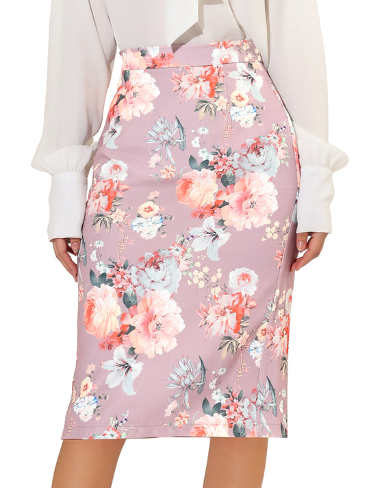 Women's Floral Elastic Waistband Bodycon Pencil Skirt with Back Slit