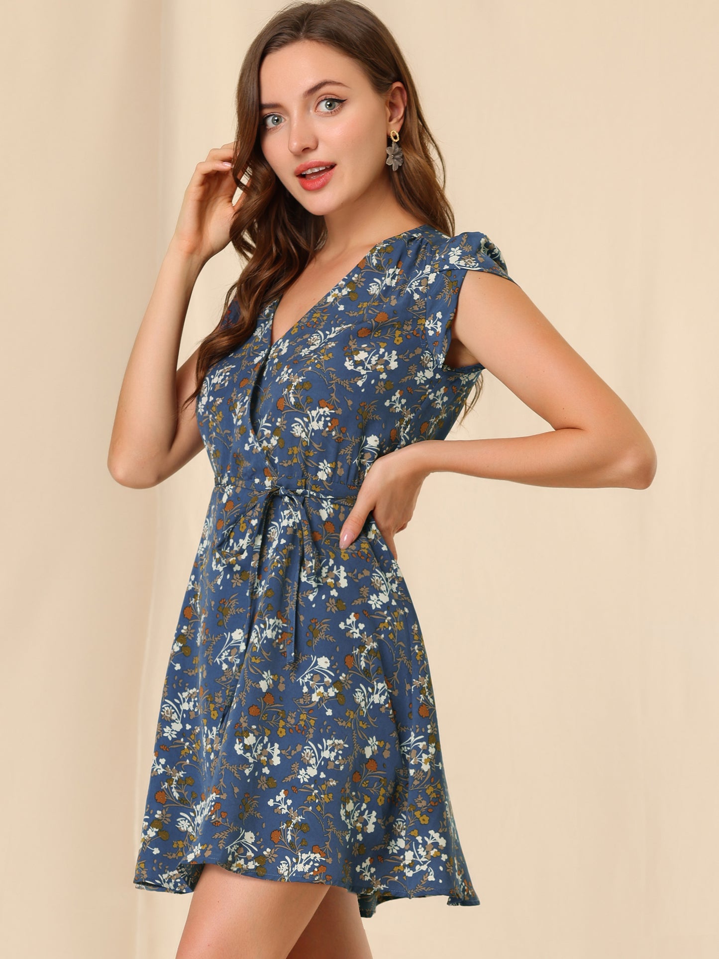Women's Boho Crossover V Neck Petal Sleeves Belted Floral Flowy Dress