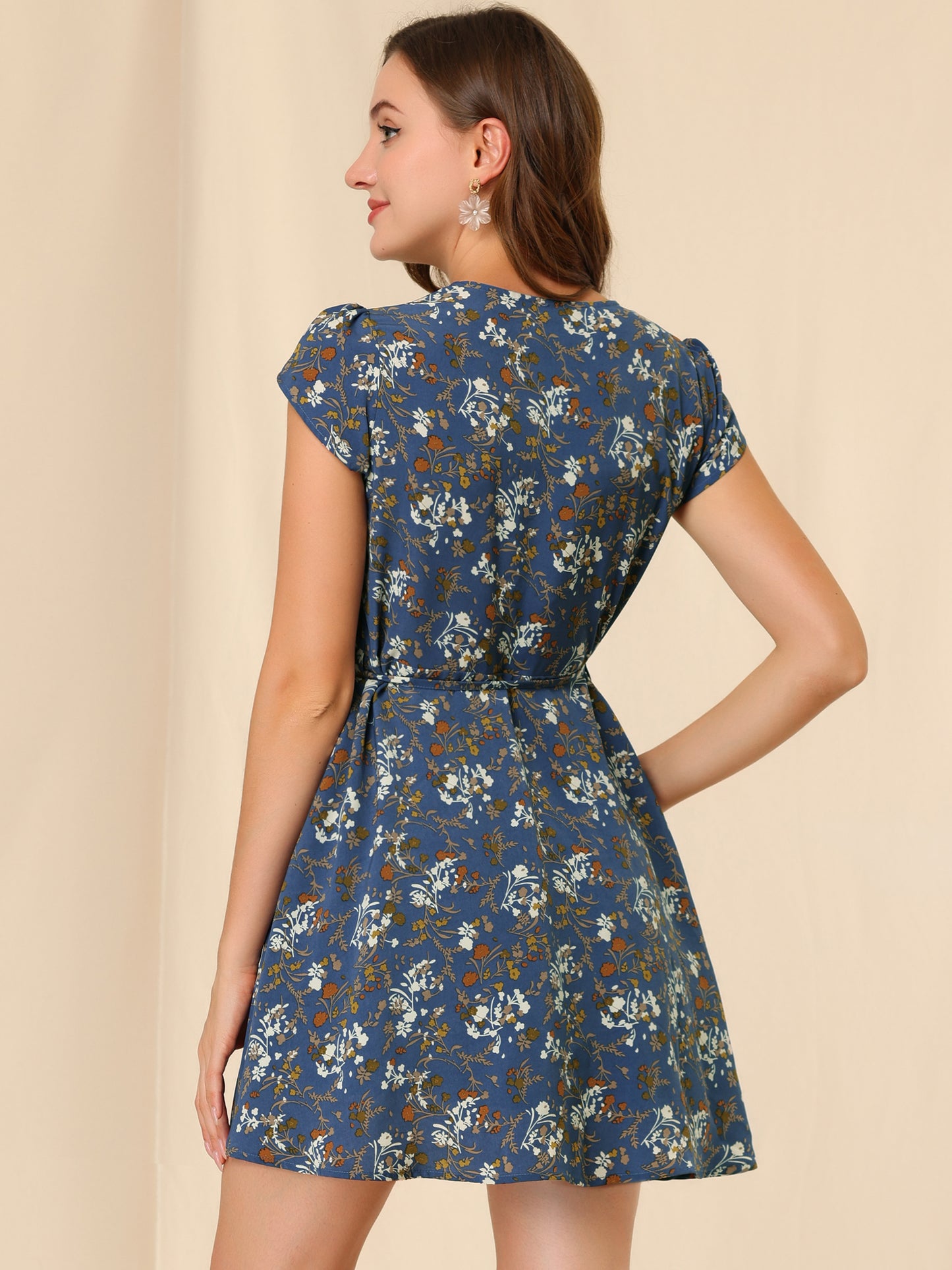 Women's Boho Crossover V Neck Petal Sleeves Belted Floral Flowy Dress