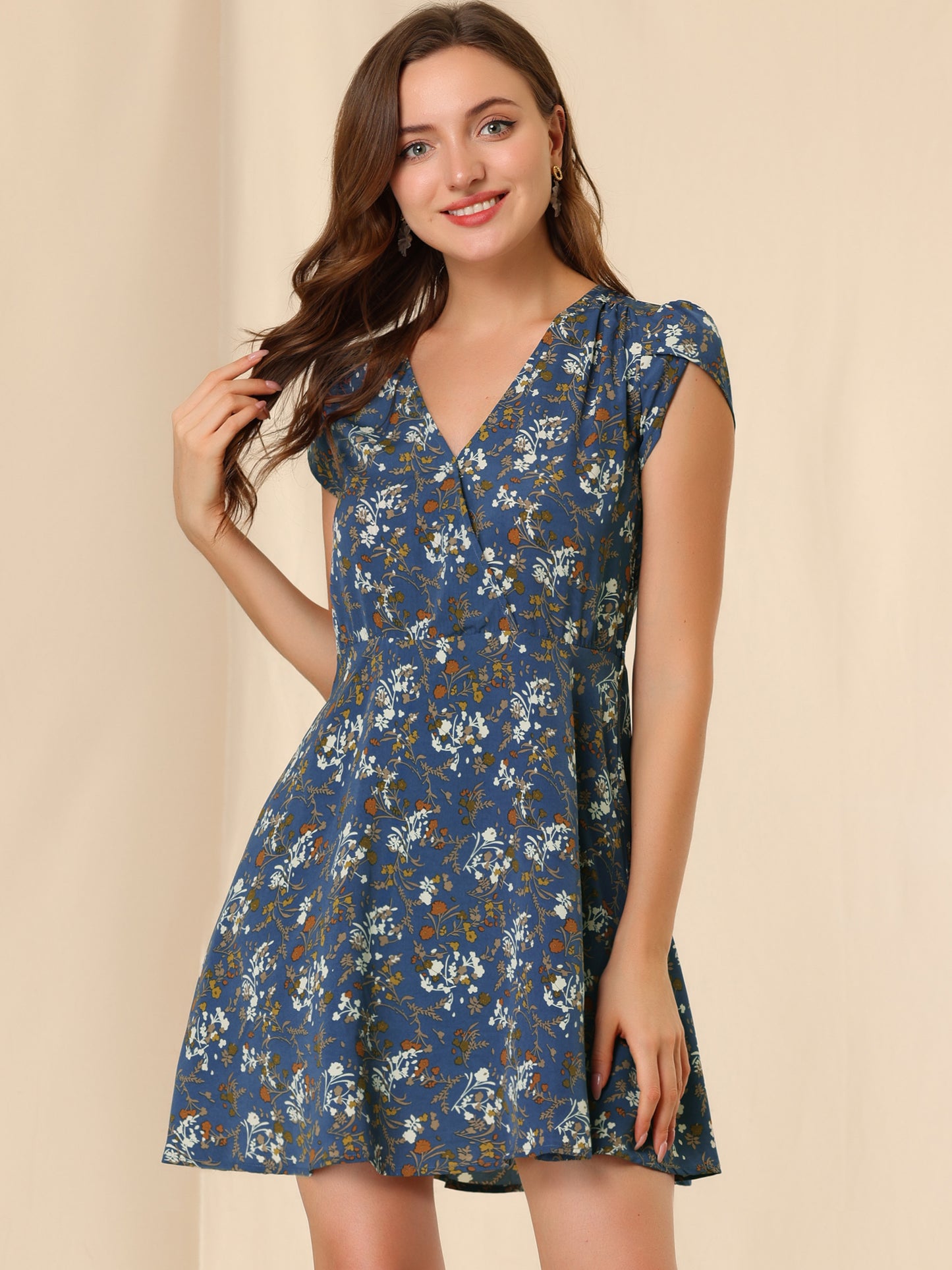 Women's Boho Crossover V Neck Petal Sleeves Belted Floral Flowy Dress