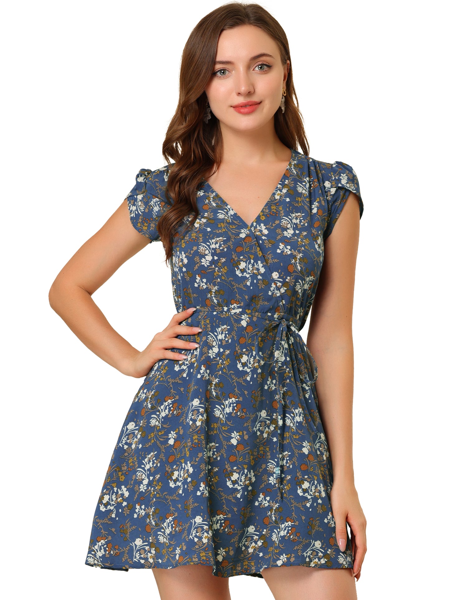 Women's Boho Crossover V Neck Petal Sleeves Belted Floral Flowy Dress