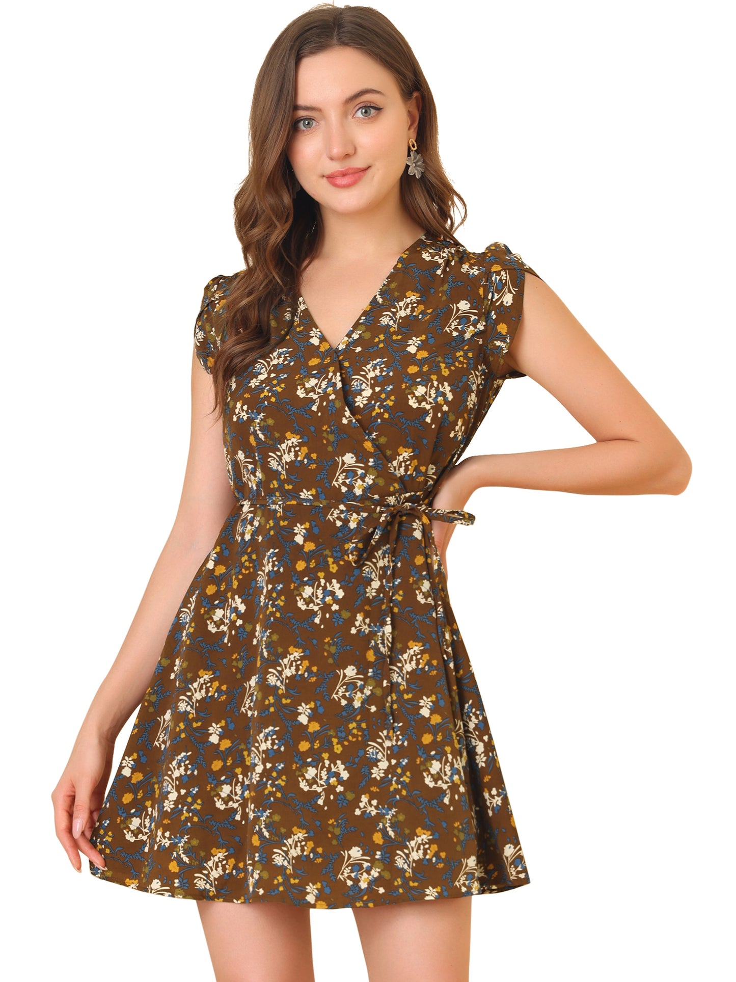 Women's Boho Crossover V Neck Petal Sleeves Belted Floral Flowy Dress