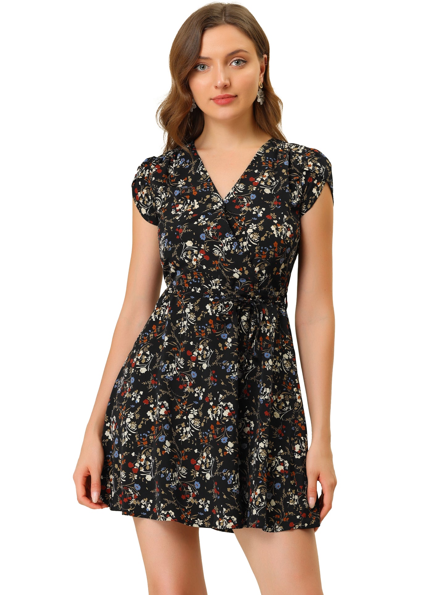 Women's Boho Crossover V Neck Petal Sleeves Belted Floral Flowy Dress