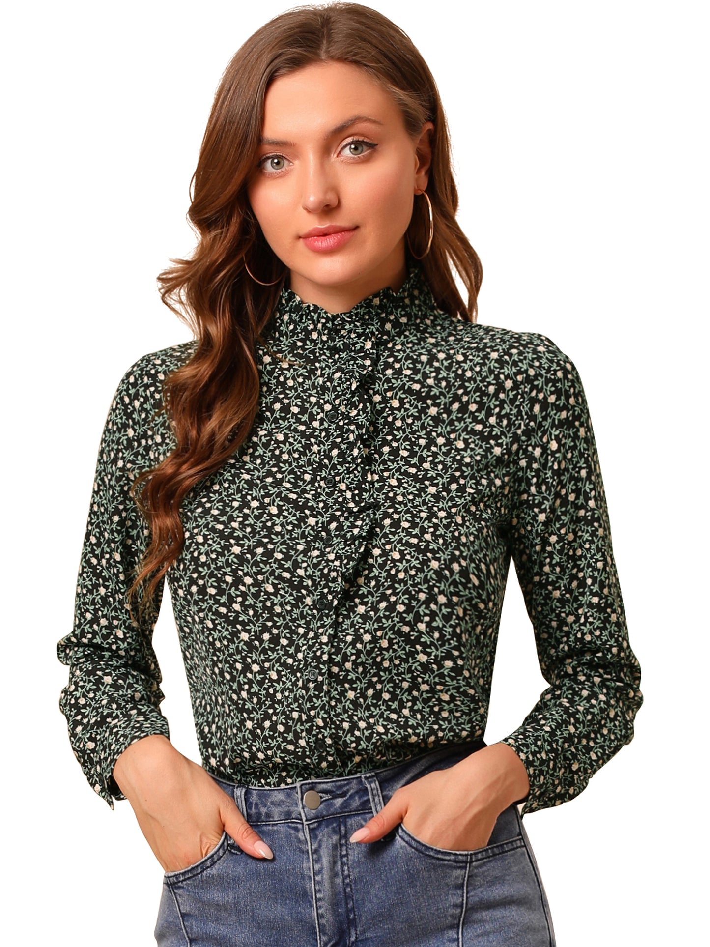 Women's Floral Printed Shirt Ruffled Button Up Mock Neck Blouse