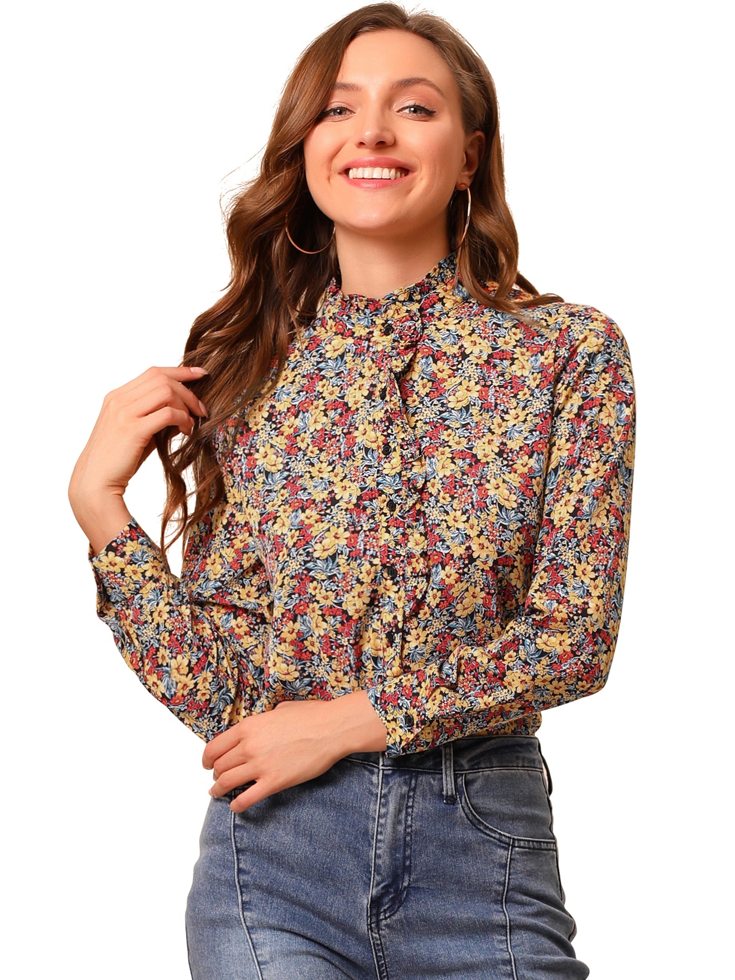 Women's Floral Printed Shirt Ruffled Button Up Mock Neck Blouse
