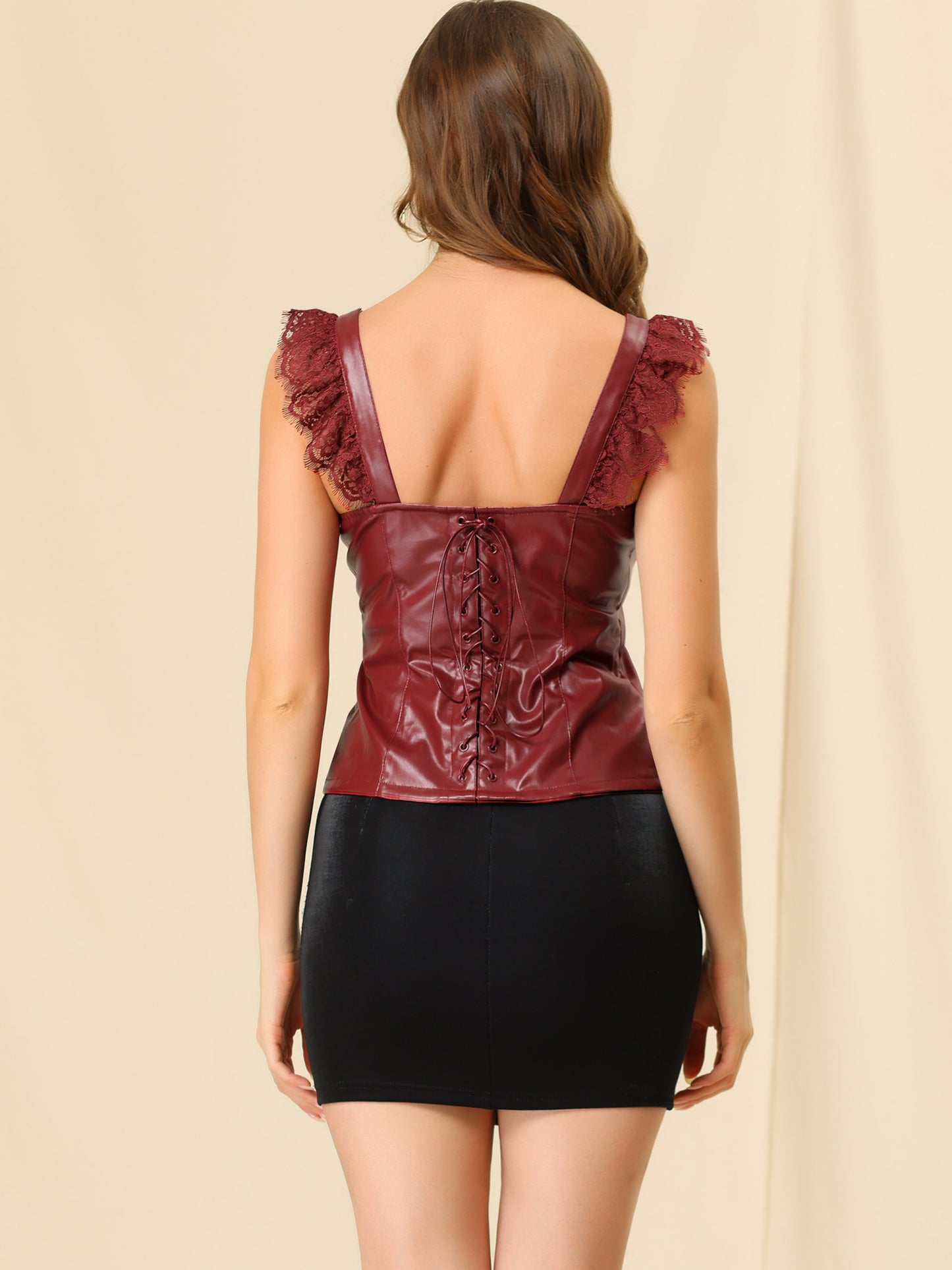 Women's PU Cami Lace Trim Party Faux Leather Top