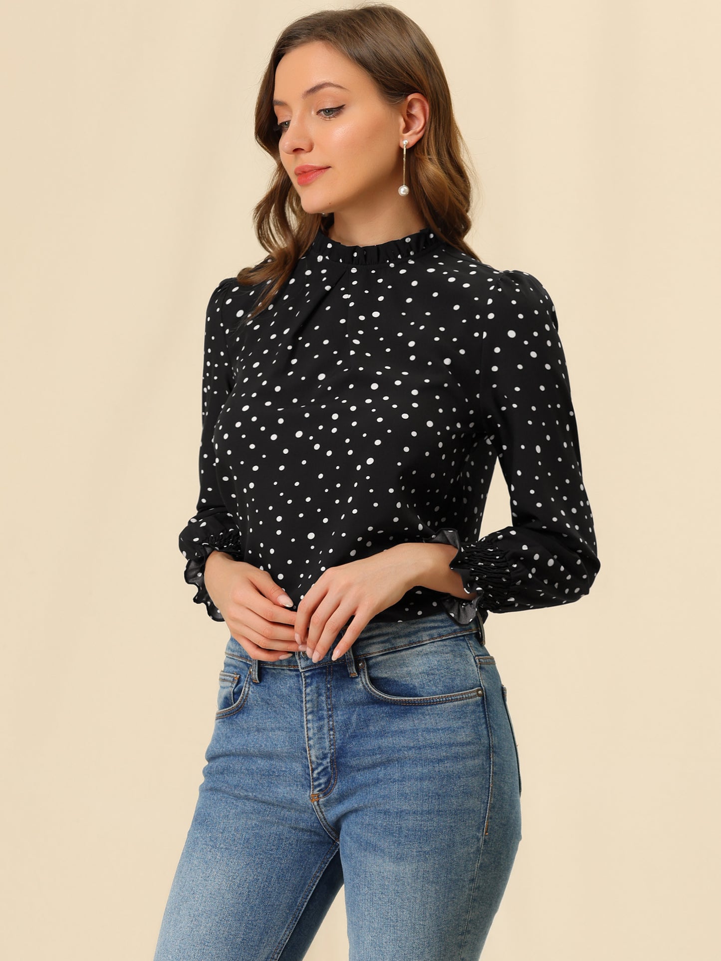 Women's Printed Ruffled Mock Neck Puff Long Sleeve Blouse Top
