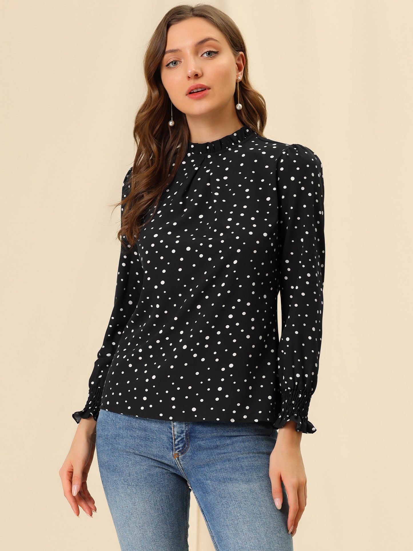 Women's Printed Ruffled Mock Neck Puff Long Sleeve Blouse Top