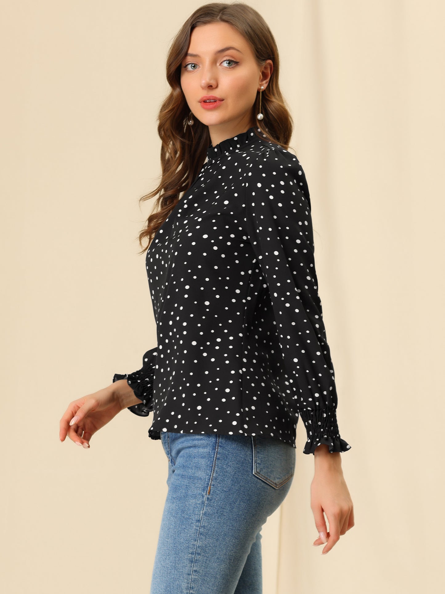 Women's Printed Ruffled Mock Neck Puff Long Sleeve Blouse Top