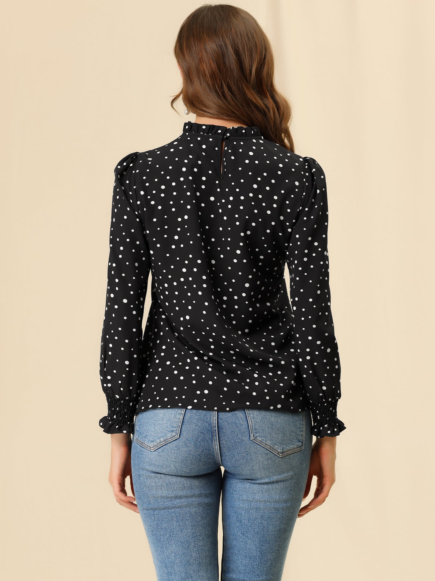 Women's Printed Ruffled Mock Neck Puff Long Sleeve Blouse Top