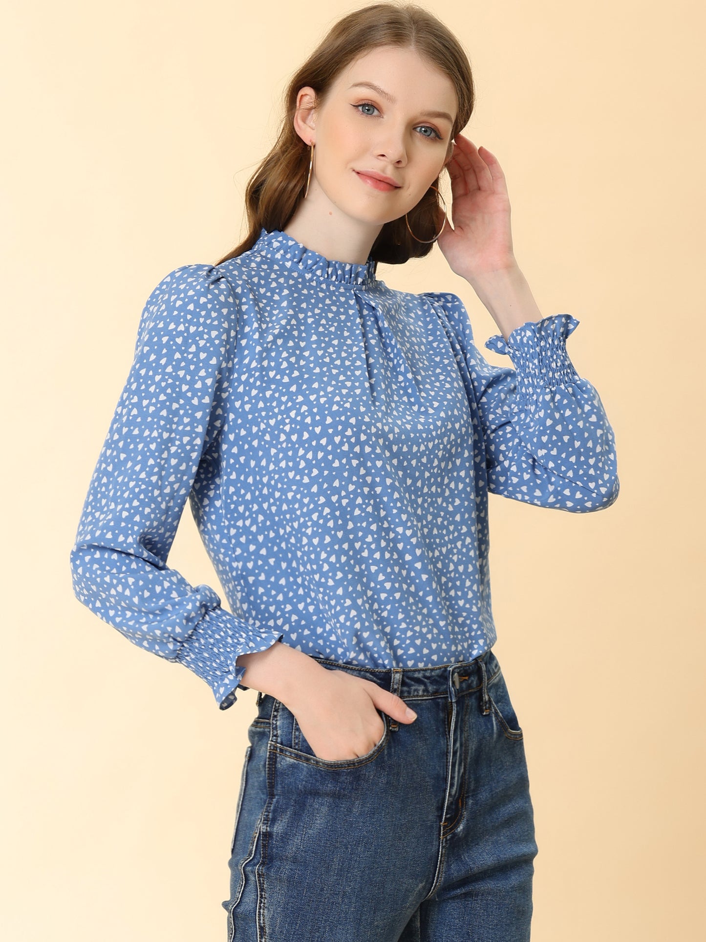 Women's Printed Ruffled Mock Neck Puff Long Sleeve Blouse Top