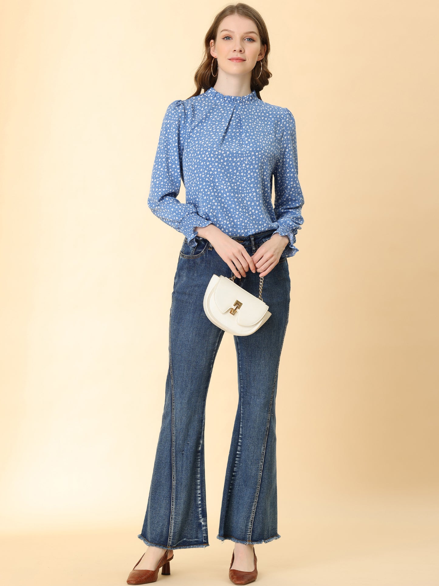 Women's Printed Ruffled Mock Neck Puff Long Sleeve Blouse Top
