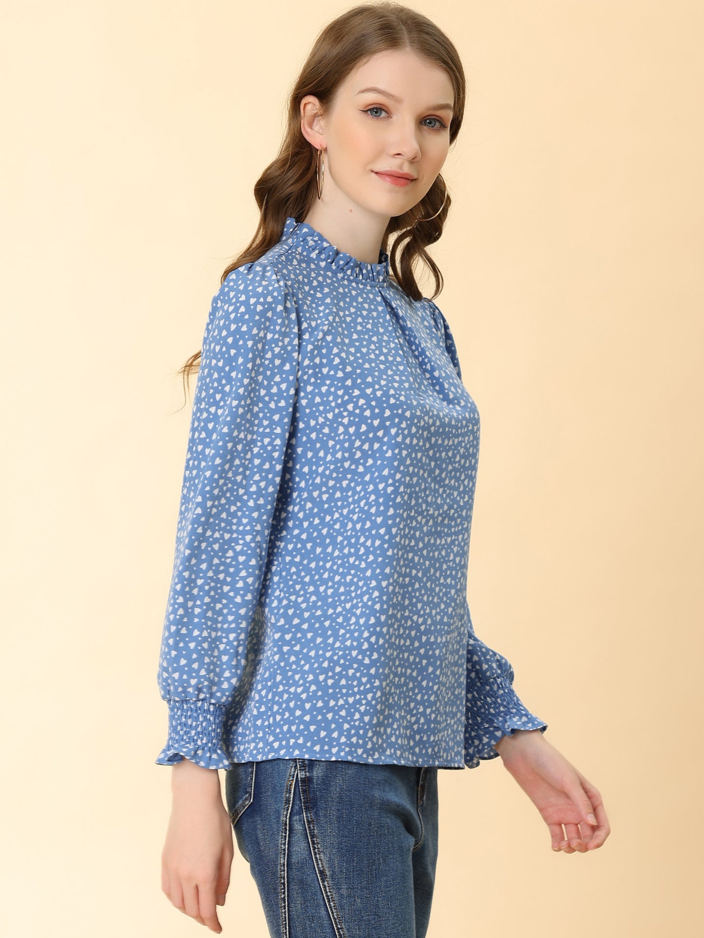 Women's Printed Ruffled Mock Neck Puff Long Sleeve Blouse Top