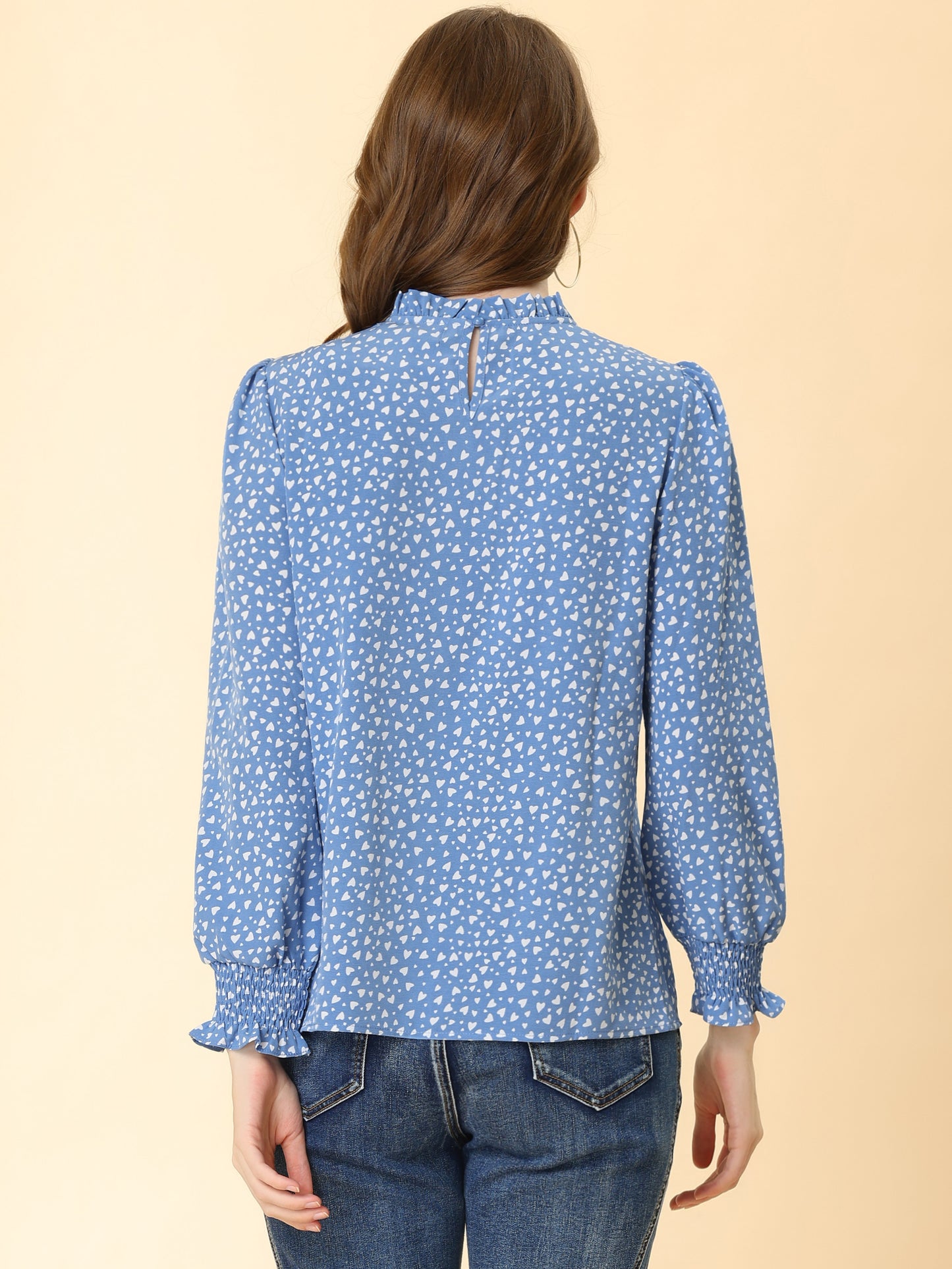 Women's Printed Ruffled Mock Neck Puff Long Sleeve Blouse Top