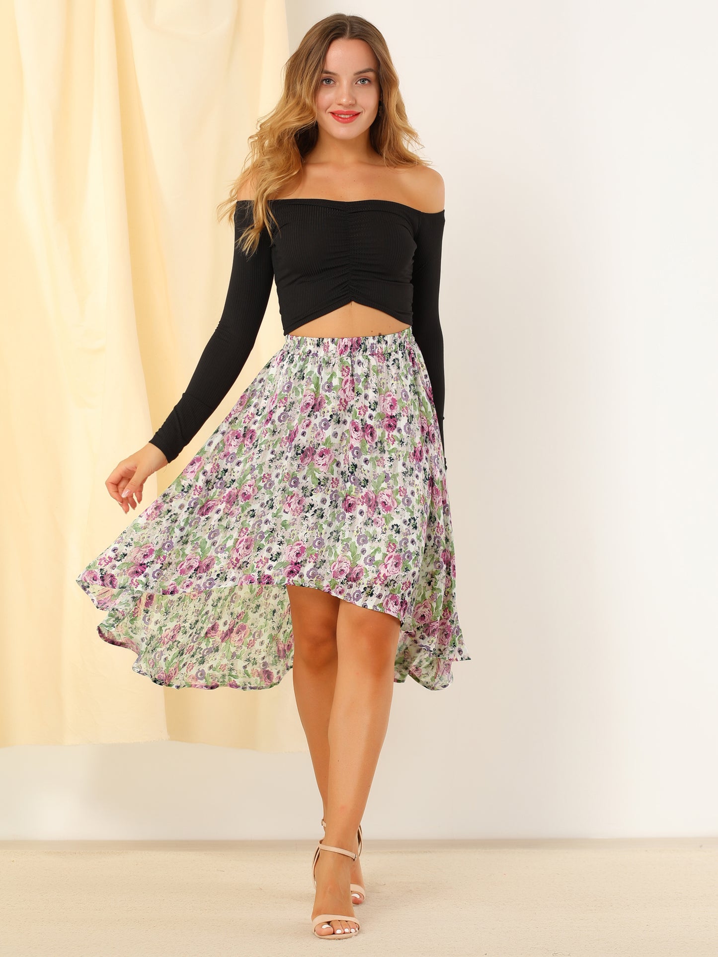 Falda midi floral de gasa de lúrex con cintura elástica y dobladillo alto y bajo para mujer