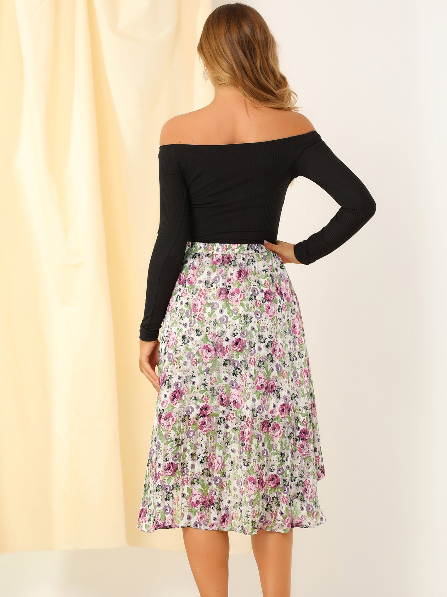 Falda midi floral de gasa de lúrex con cintura elástica y dobladillo alto y bajo para mujer