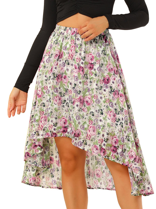 Women's High Low Hem Elastic Waist Lurex Chiffon A-Line Midi Floral Skirt