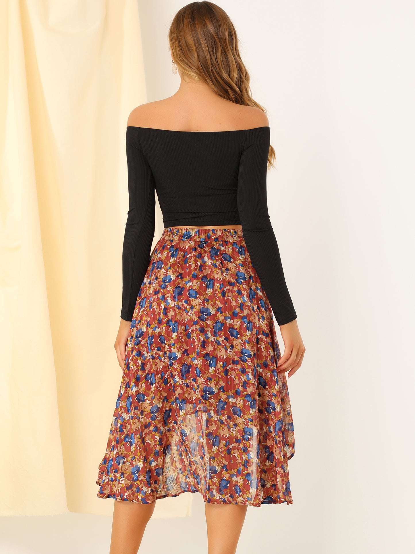 Falda midi floral de gasa de lúrex con cintura elástica y dobladillo alto y bajo para mujer