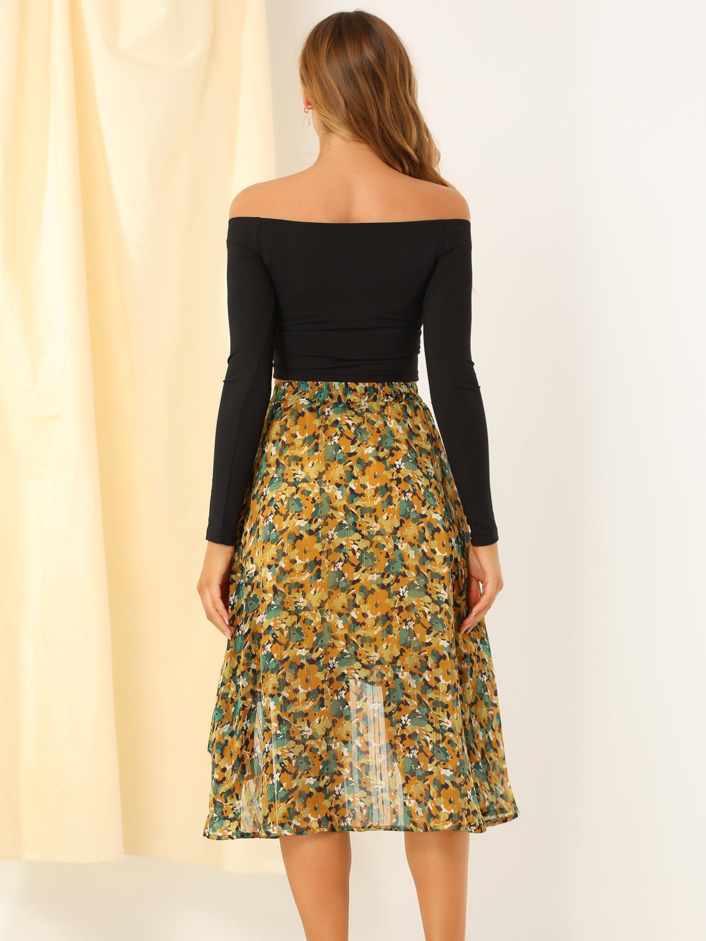 Falda midi floral de gasa de lúrex con cintura elástica y dobladillo alto y bajo para mujer