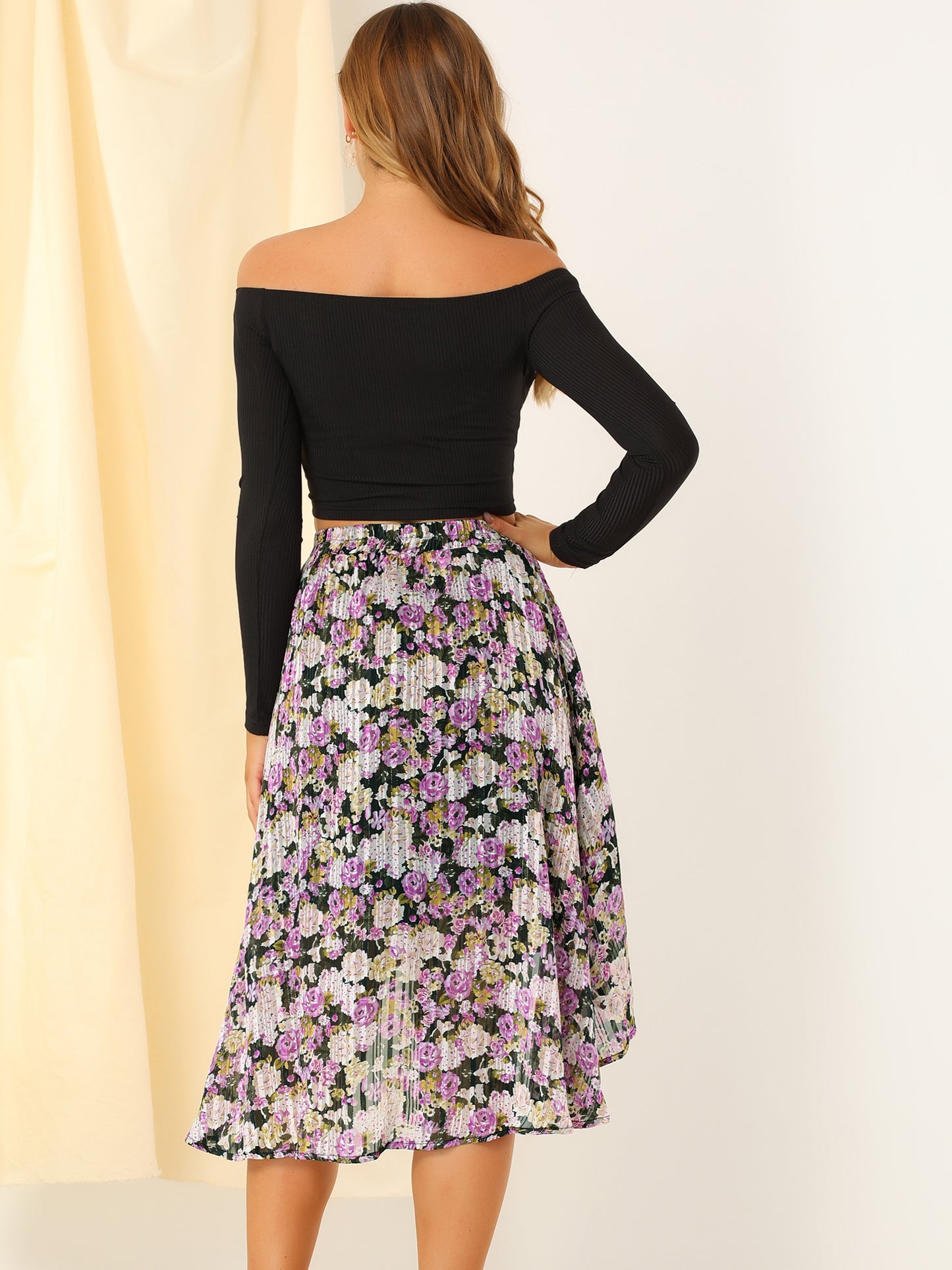 Falda midi floral de gasa de lúrex con cintura elástica y dobladillo alto y bajo para mujer