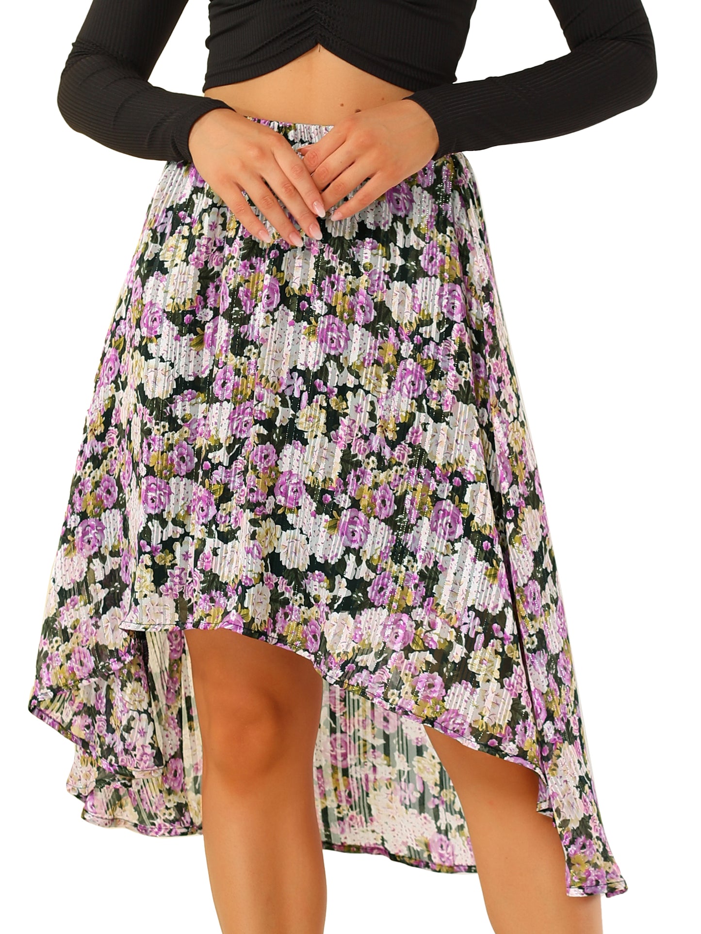 Falda midi floral de gasa de lúrex con cintura elástica y dobladillo alto y bajo para mujer