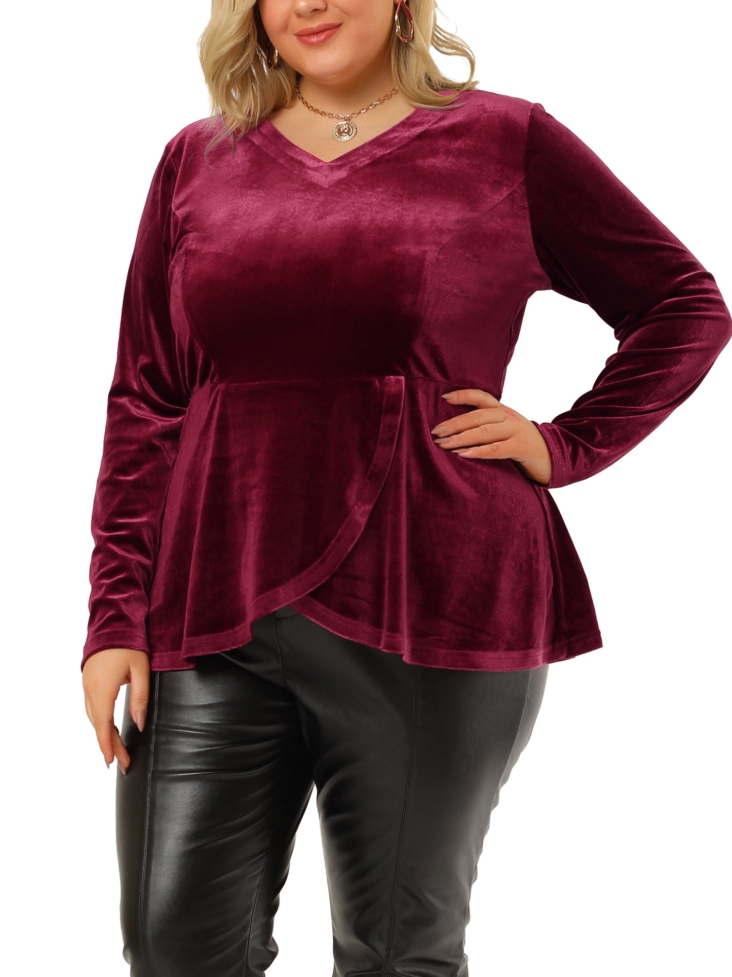 Women's Plus Size Velvet Velour V Neck Tulip Hem Long Sleeve Peplum Blouse