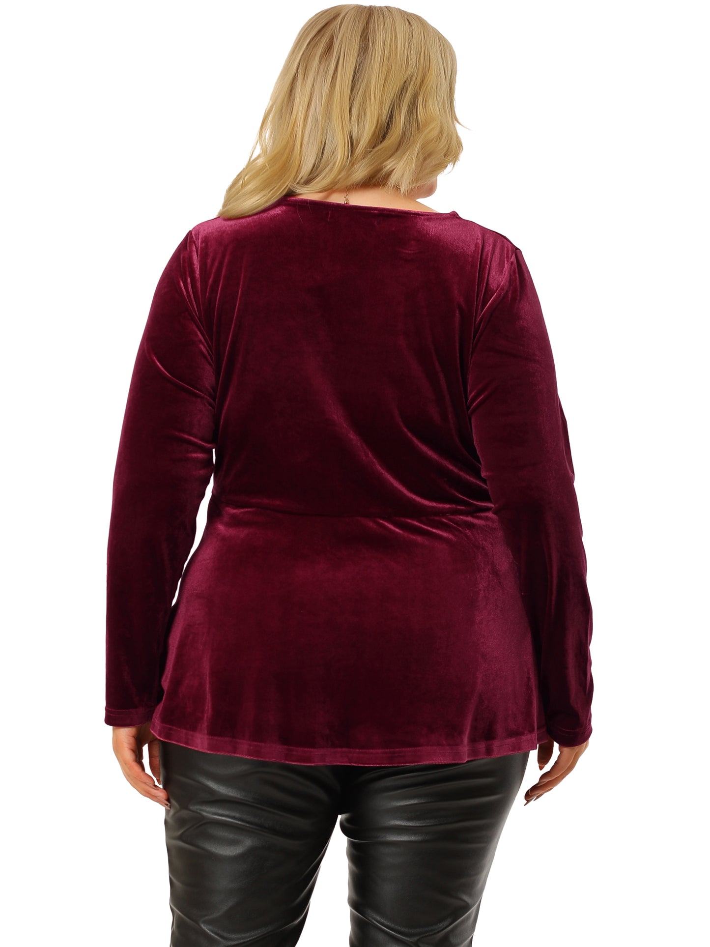 Women's Plus Size Velvet Velour V Neck Tulip Hem Long Sleeve Peplum Blouse