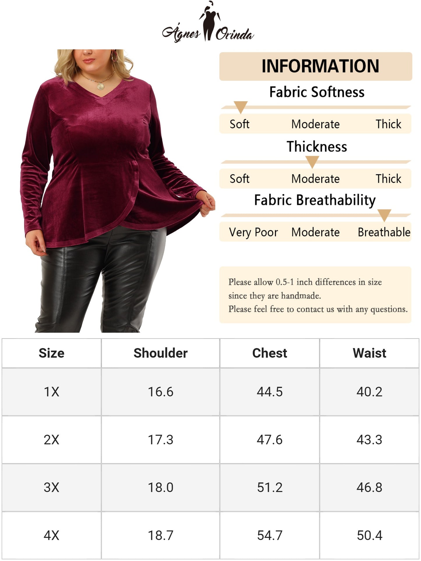 Women's Plus Size Velvet Velour V Neck Tulip Hem Long Sleeve Peplum Blouse