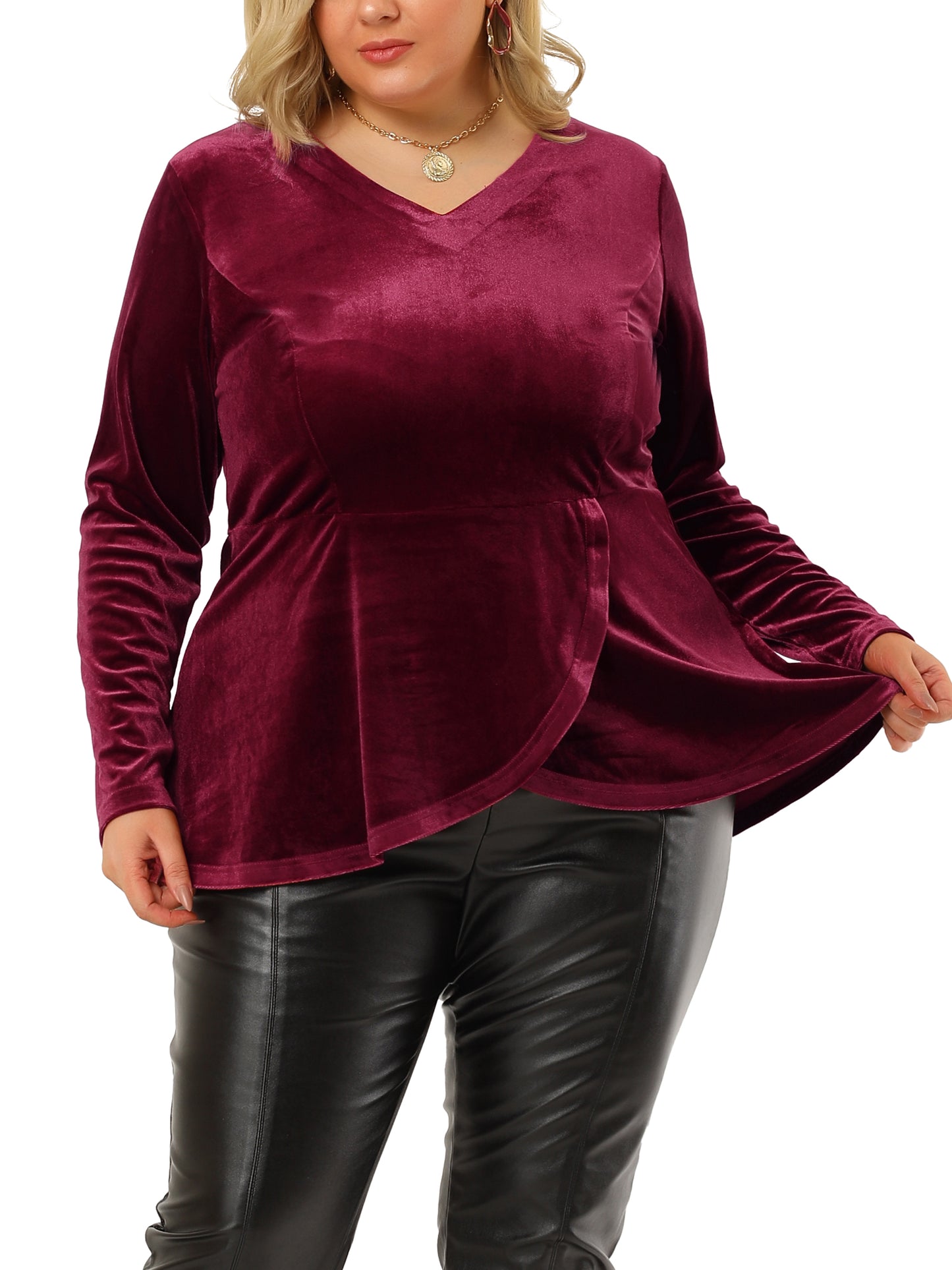 Women's Plus Size Velvet Velour V Neck Tulip Hem Long Sleeve Peplum Blouse