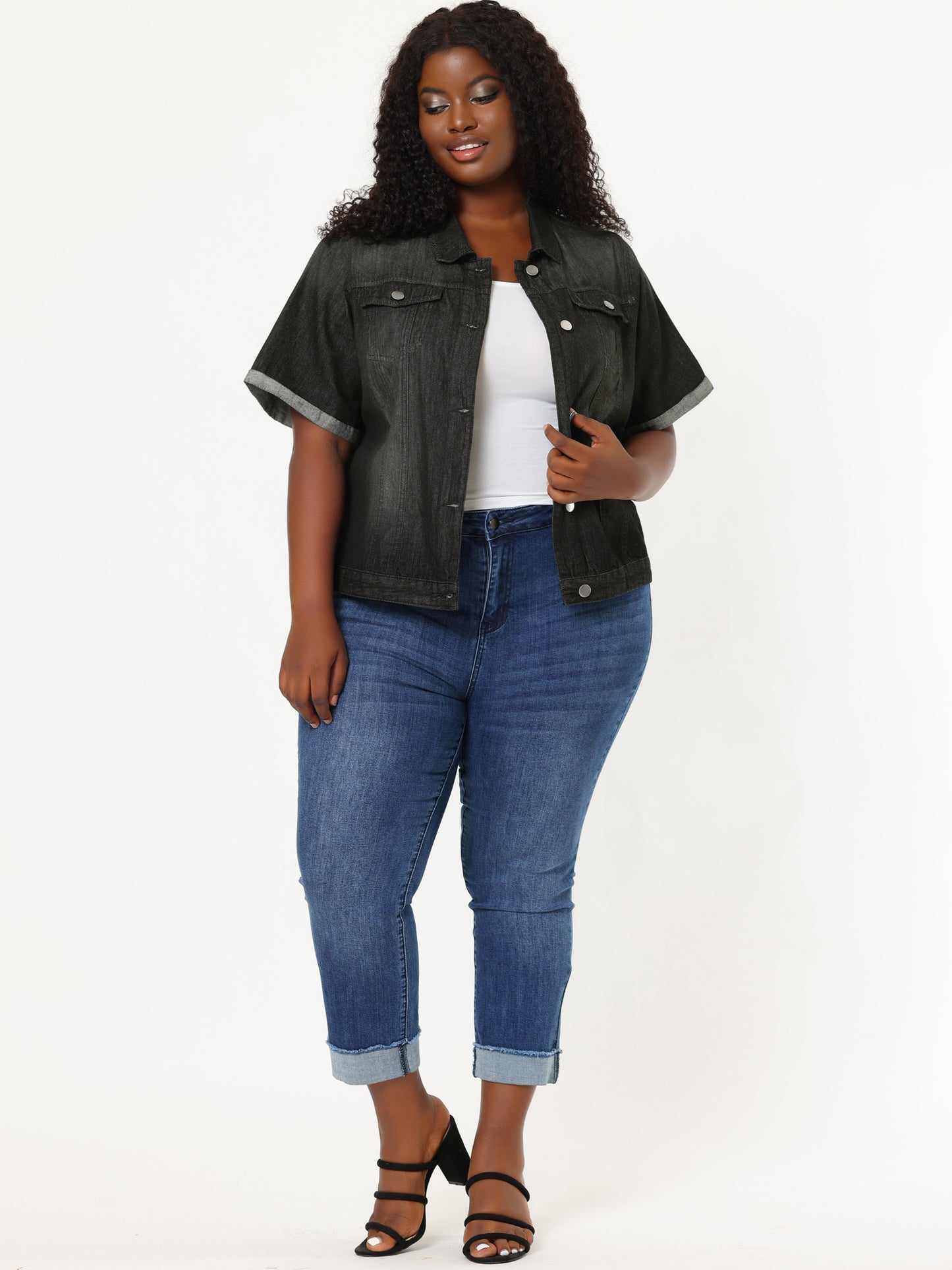 Women's Plus Size Denim Jacket Short Sleeve Lapel Button Front Work Western Outfit Jean Jackets