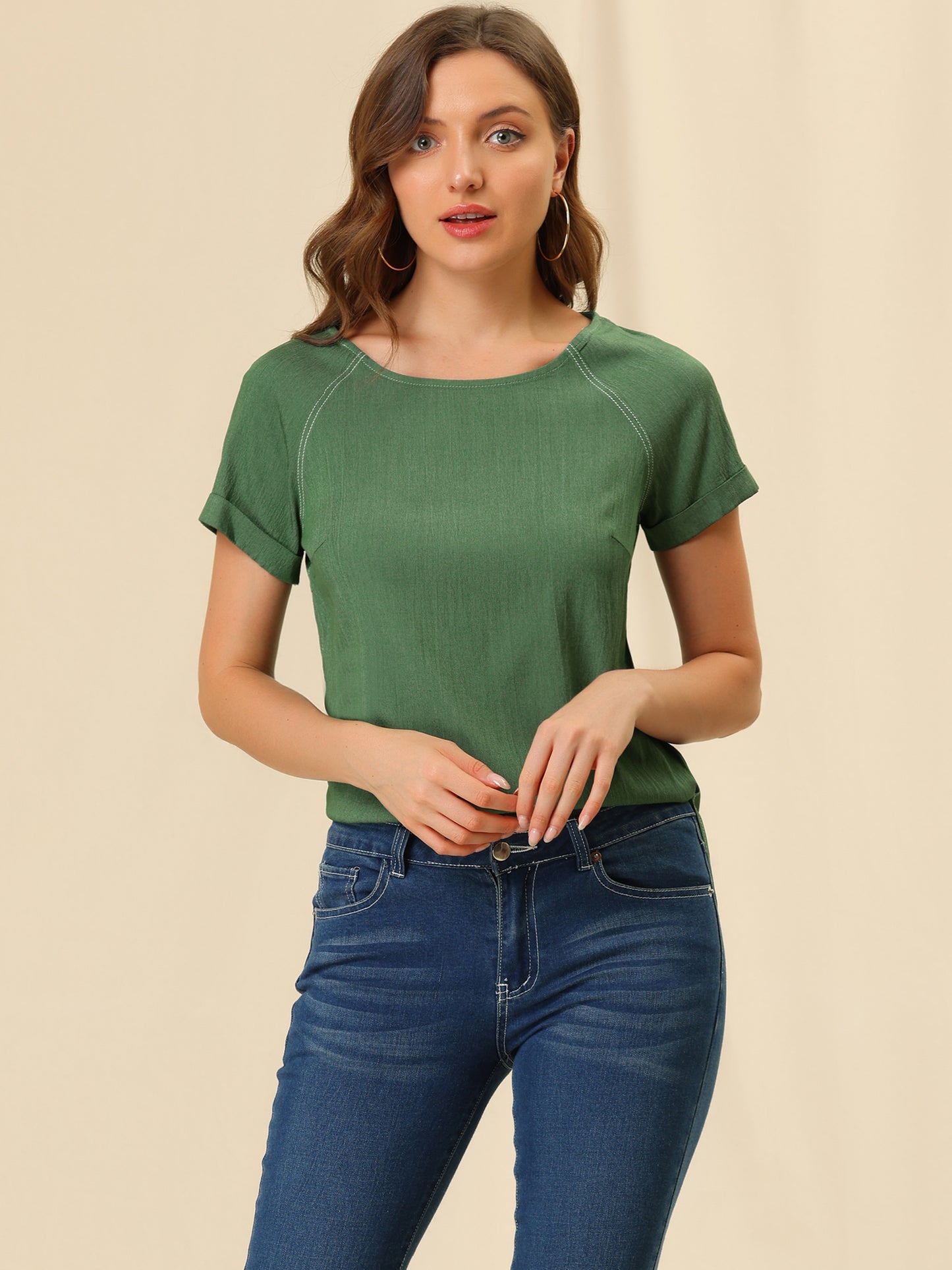 Women's Chambray Side Slit Raglan Short Sleeve Top