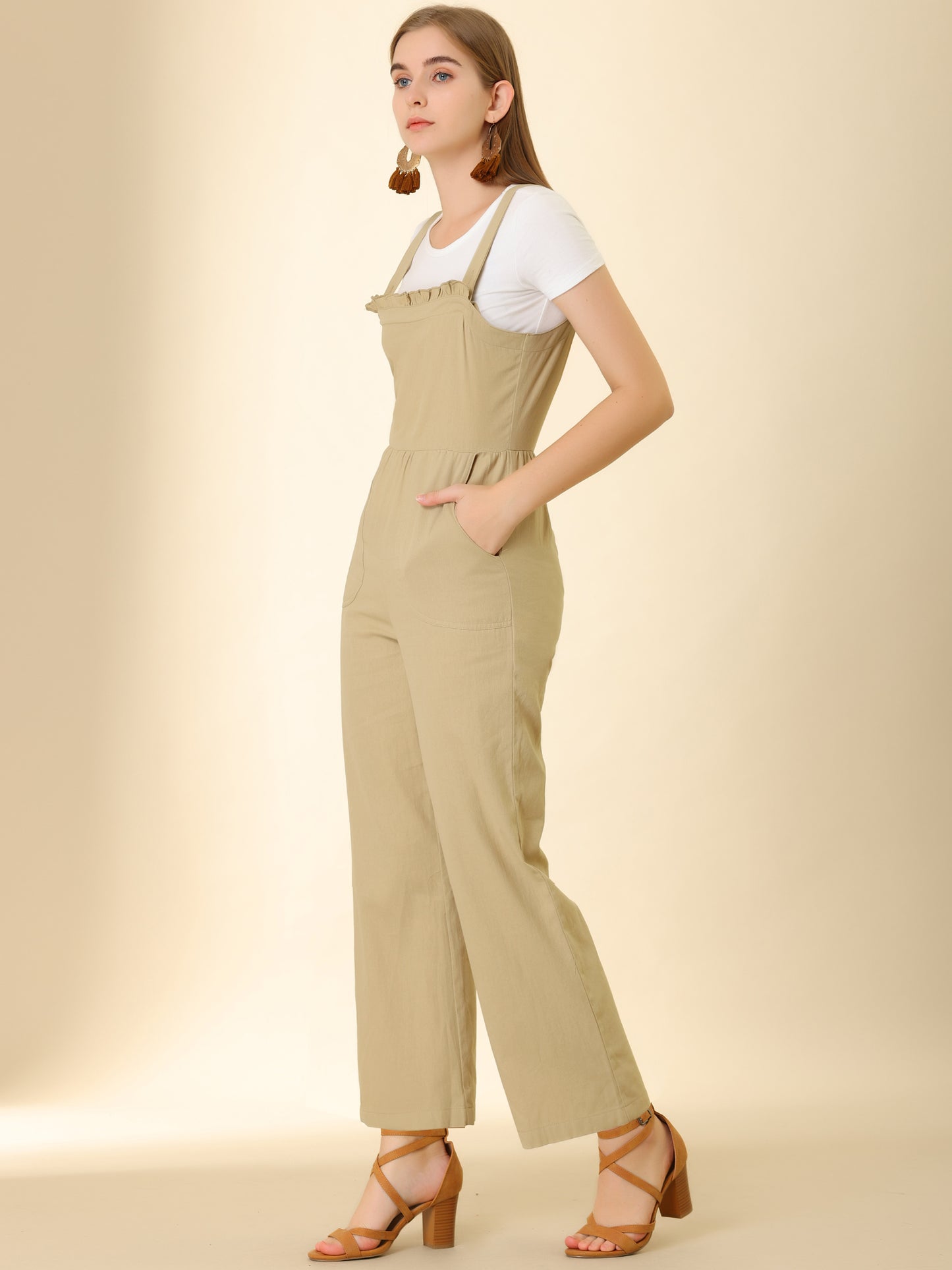 Women's Cotton Casual Vintage Pockets Wide Leg Overalls Jumpsuit