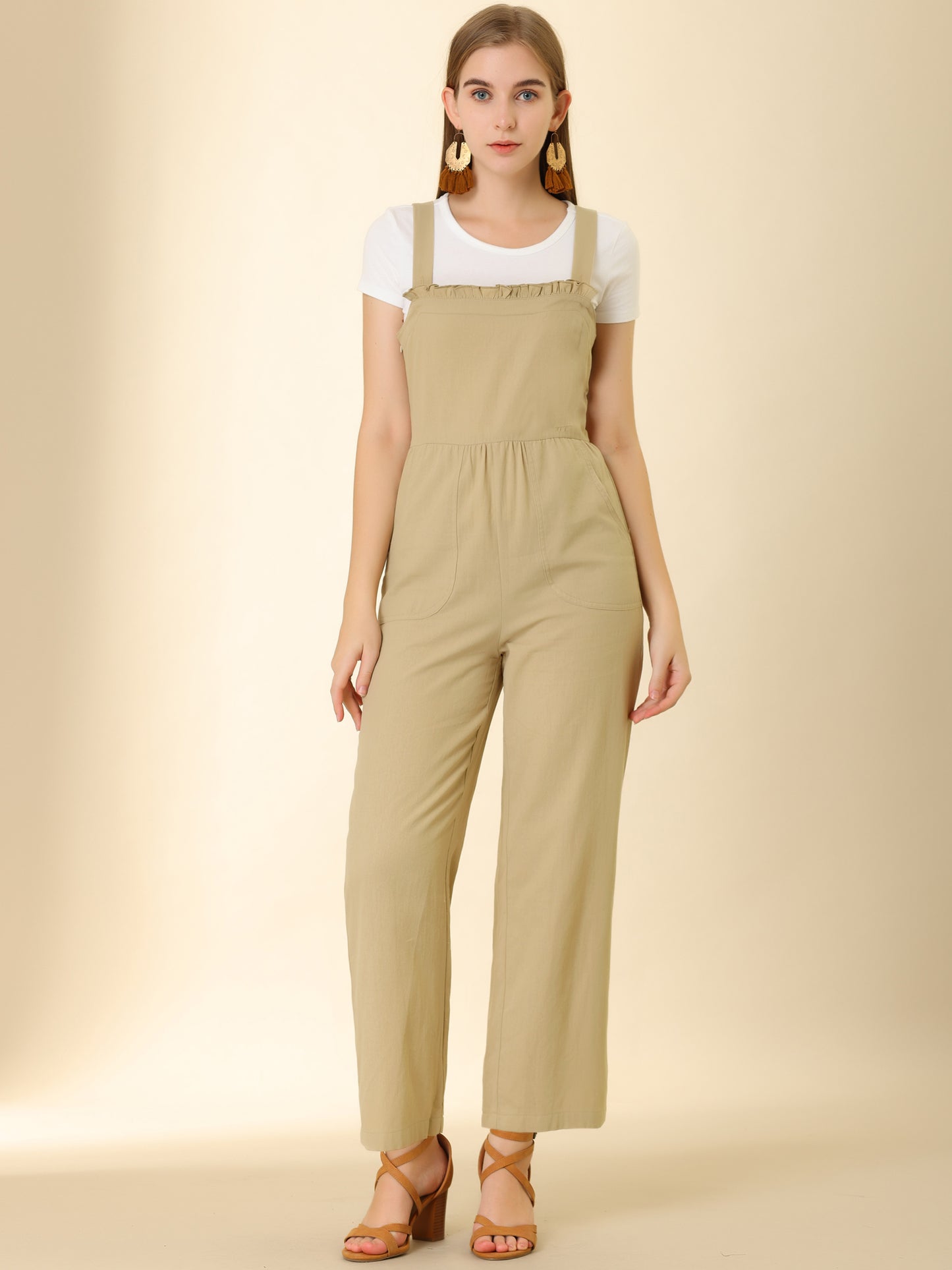 Women's Cotton Casual Vintage Pockets Wide Leg Overalls Jumpsuit