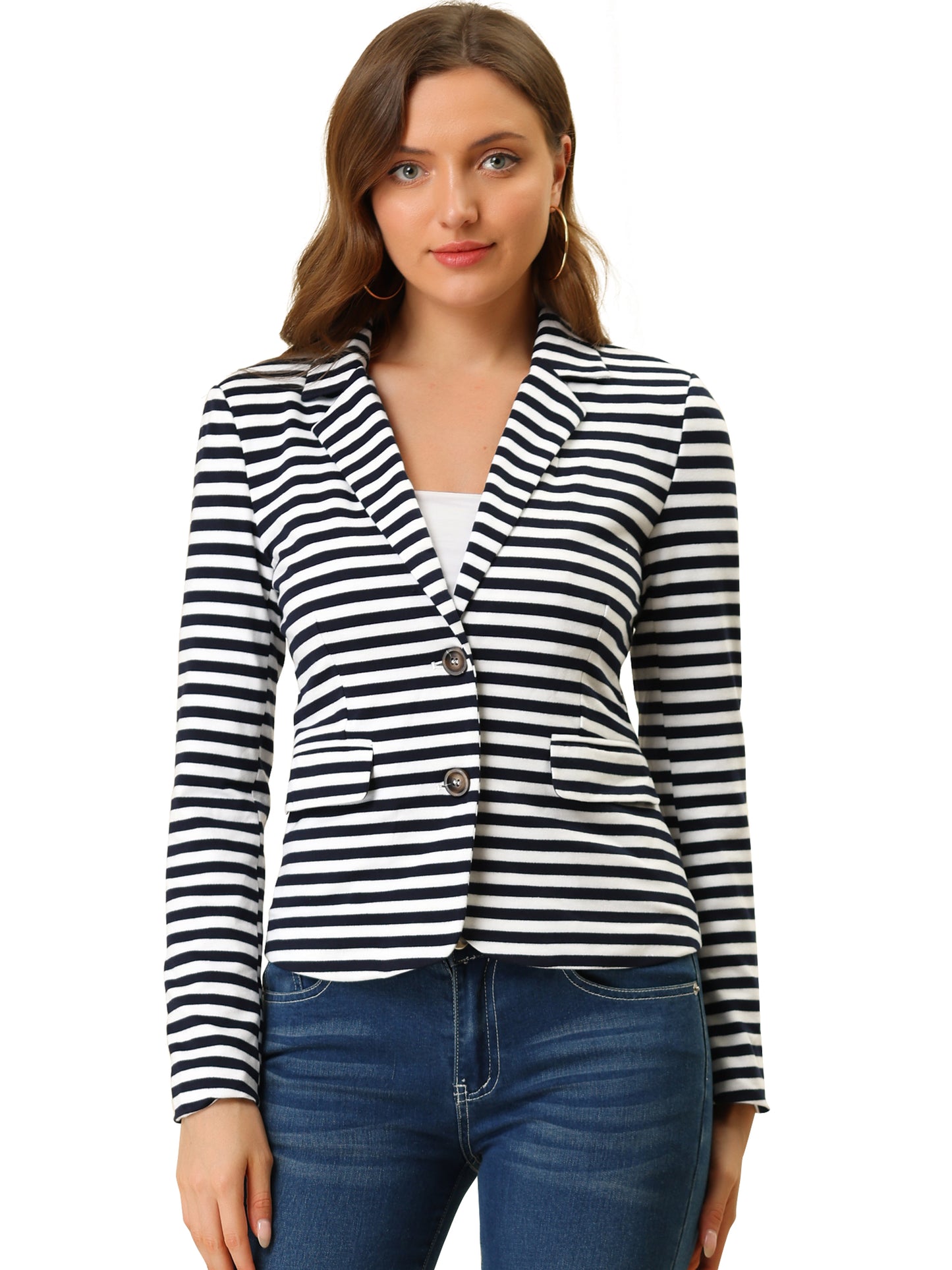Women's Business Casual Notched Lapel Pocket Button Closure Striped Blazer (Available in Plus Size)
