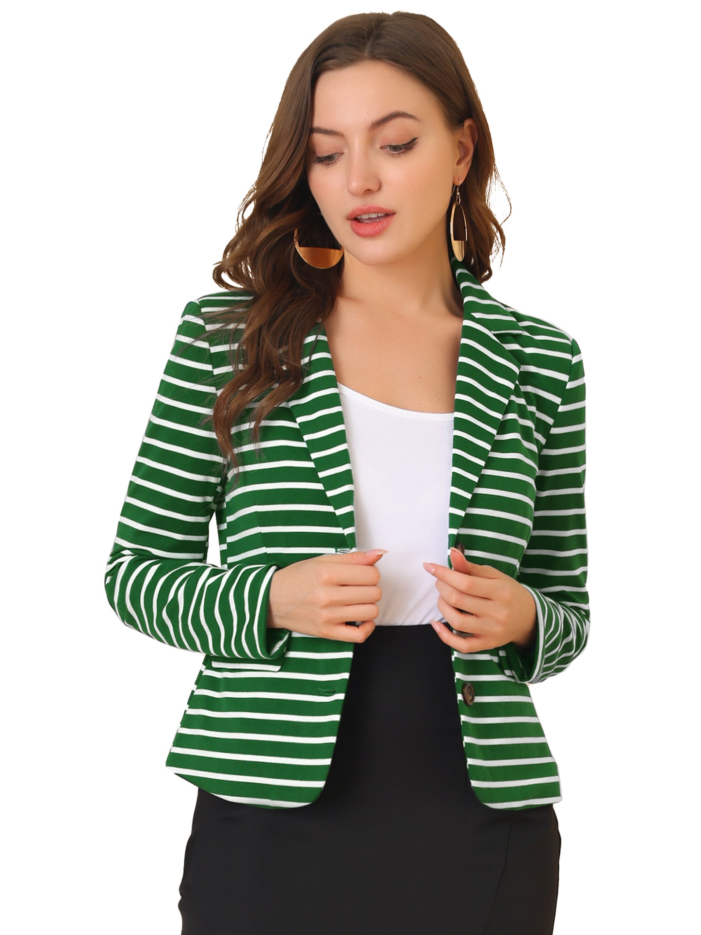 Women's Business Casual Notched Lapel Pocket Button Closure Striped Blazer (Available in Plus Size)