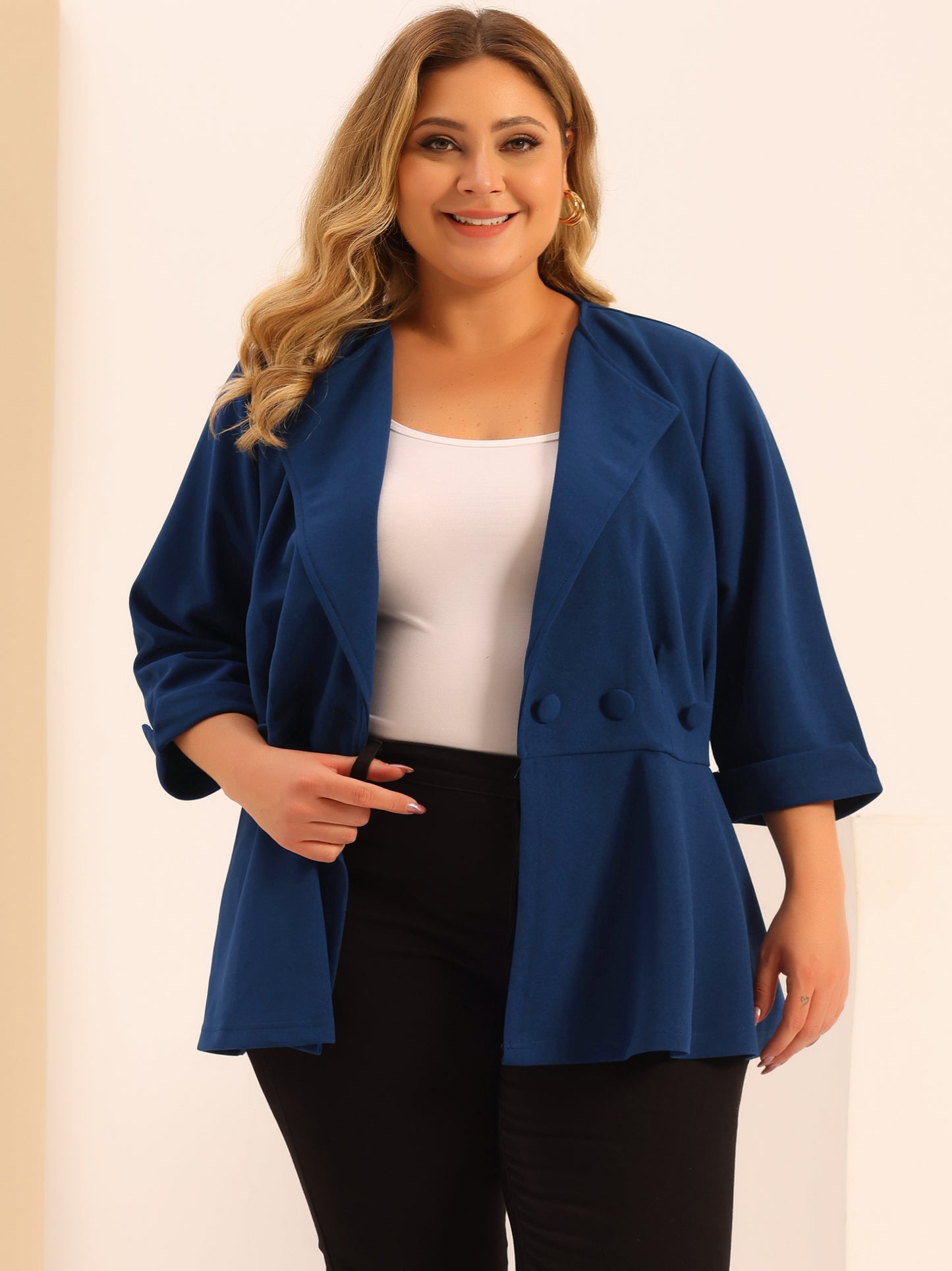 Women's Plus Size Casual Work Office Blazers Notched Lapel Button Peplum Blazer