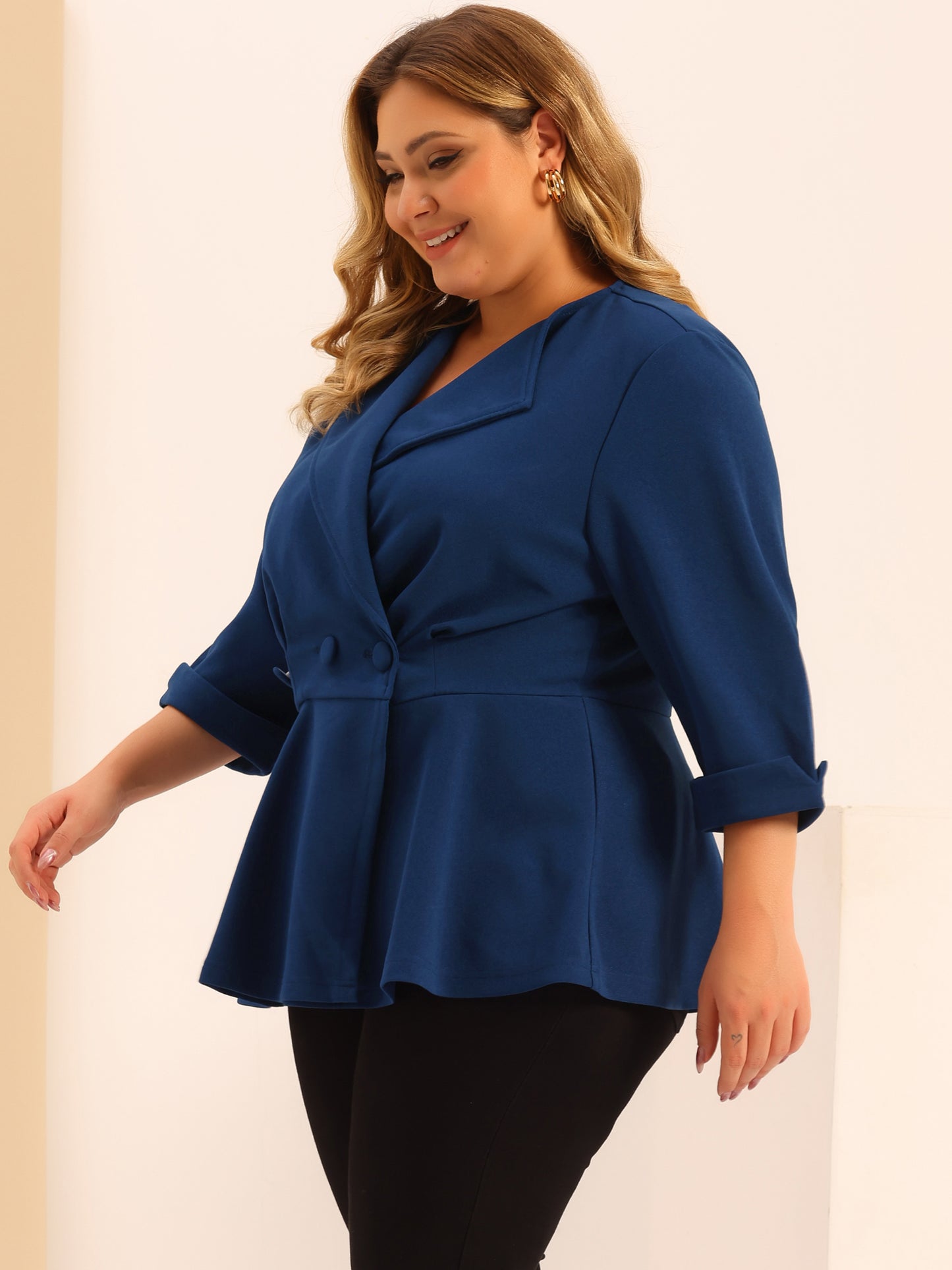 Women's Plus Size Casual Work Office Blazers Notched Lapel Button Peplum Blazer