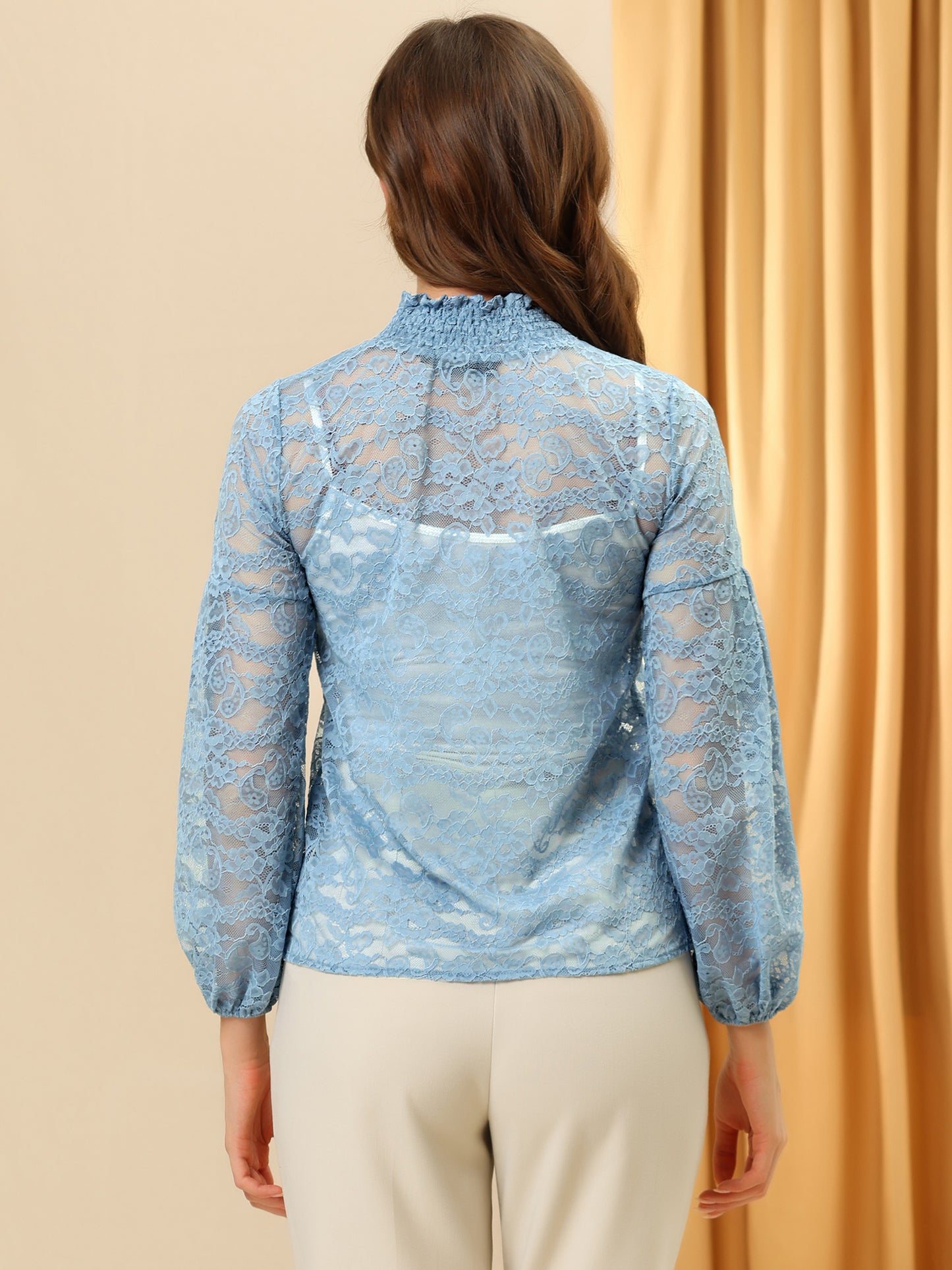 Women's Floral Lace Turtleneck Puff Long Sleeve See Through Sheer Blouse