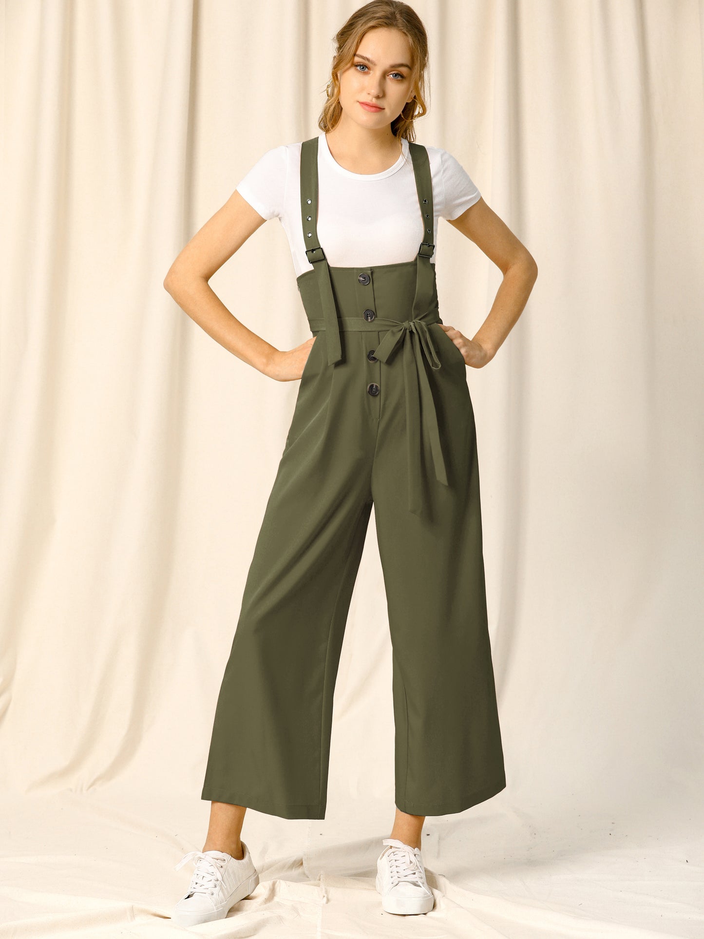Women's Wide Leg Overalls Loose Fit Belted High Waist Suspenders Jumpsuits