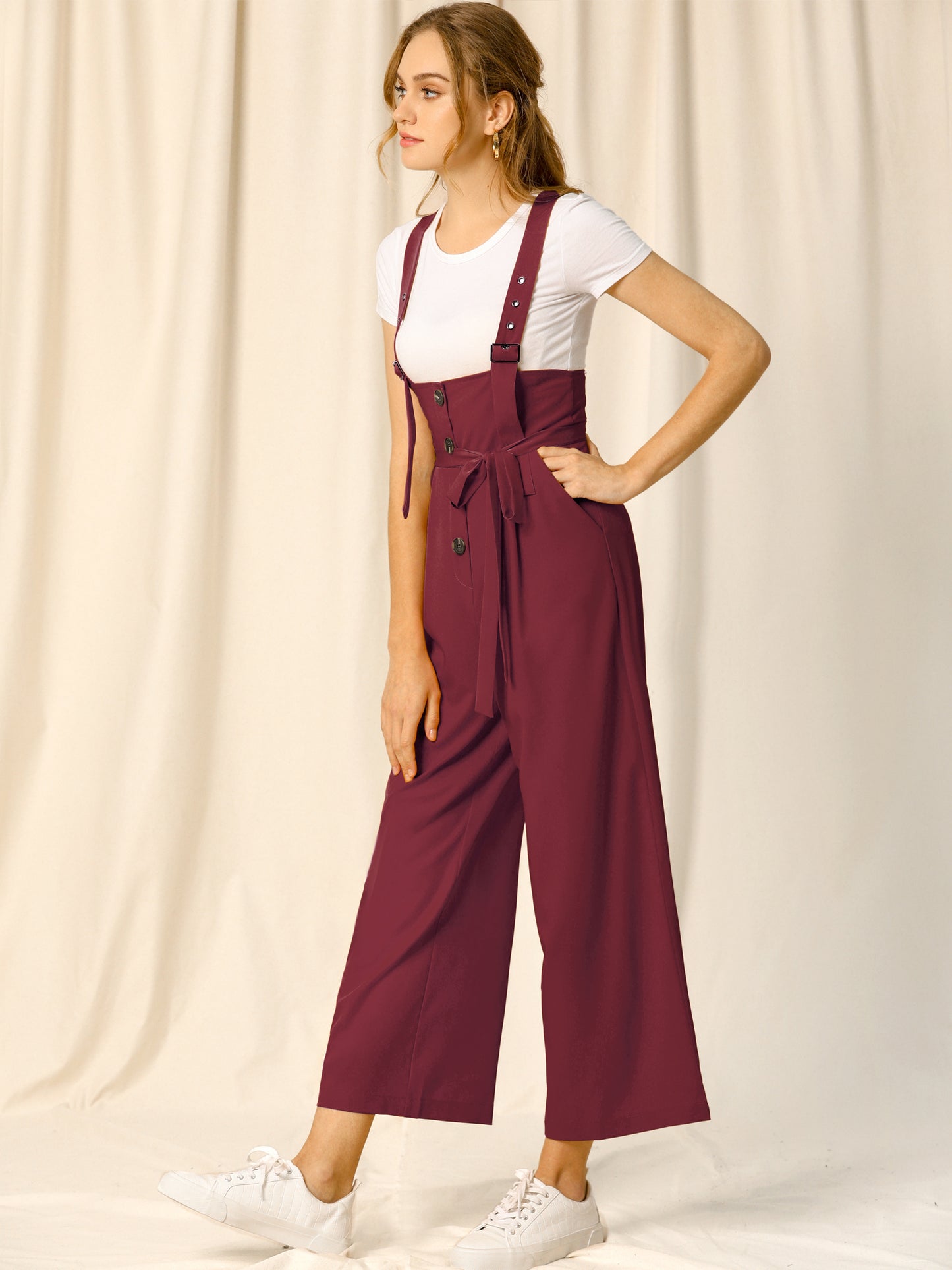 Women's Wide Leg Overalls Loose Fit Belted High Waist Suspenders Jumpsuits
